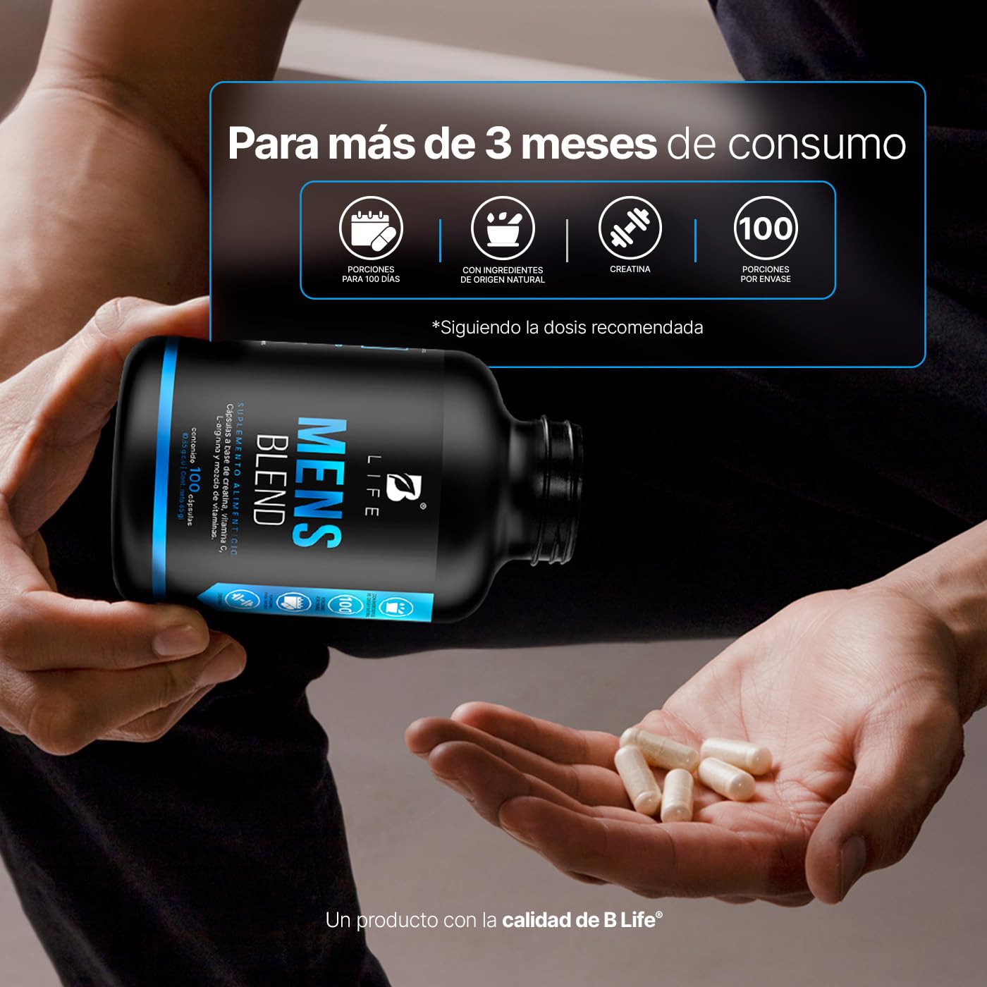 B Life Multivitamínico para Hombre | 100 Cápsulas | 650 mg por cápsula | Creatina Monohidratada, BCAA 2:1:1 (L-Leucina, L-Isoleucina, L-Valina) y L-Arginina | Ingredientes Naturales | Mens Blend.