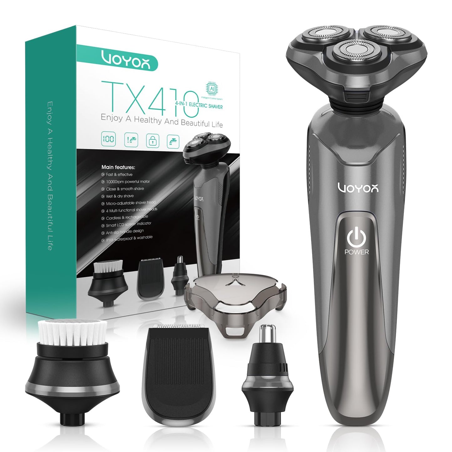 VOYOR - Maquinilla de afeitar eléctrica recargable para hombre, rotatoria 3D para hombre, máquina de afeitar 4 en 1, kit de afeitado para nariz, pantalla LCD húmeda y seca y bloqueo de viaje, TX410