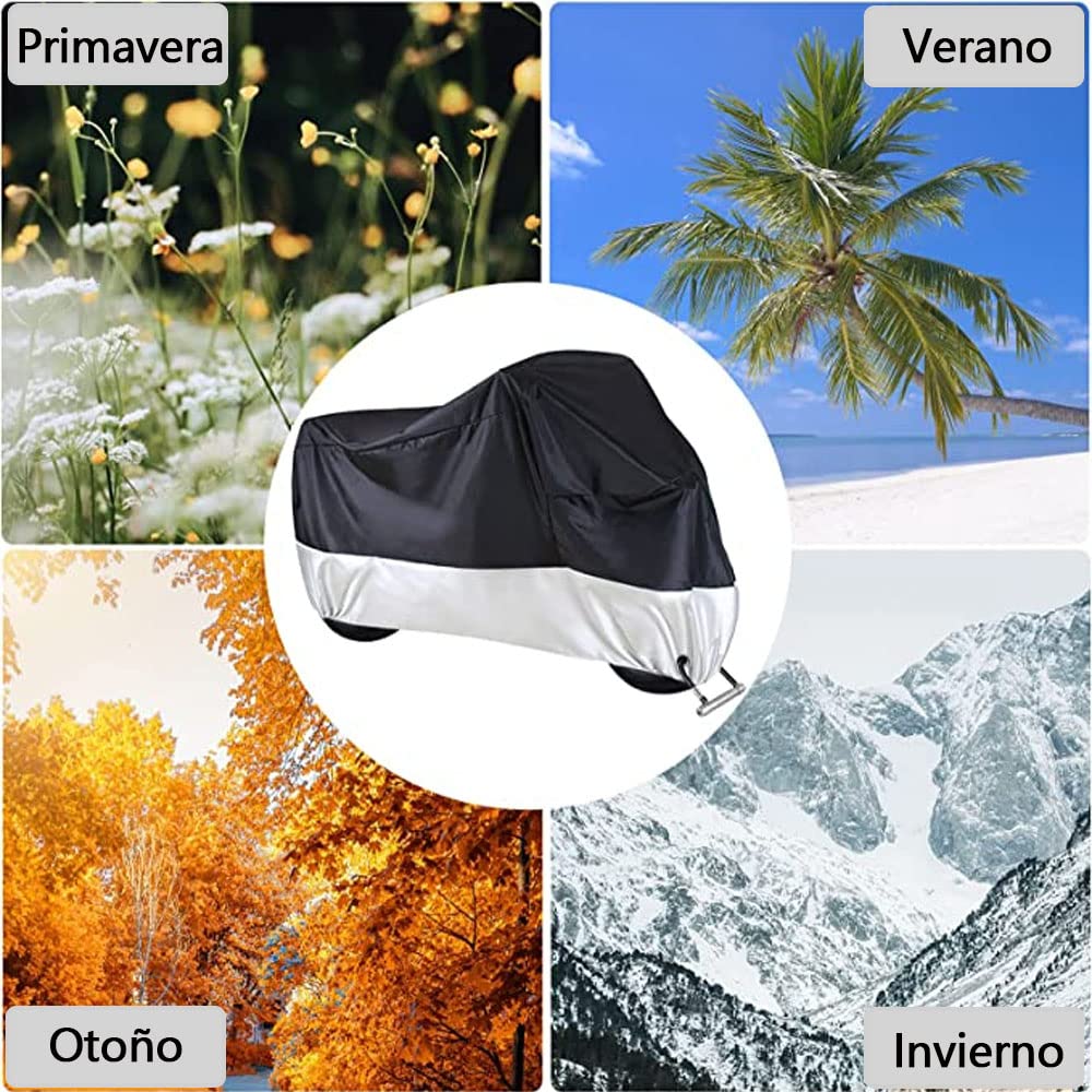 Herpet Funda para Motocicleta Cubierta de Moto Impermeable - Tejido de Poliéster Recubierto 190T, Impermeable A Prueba de UV Agua Lluvia Polvo Viento Nieve 230 x 95 x 125 CM (XL, Negro y Plata)
