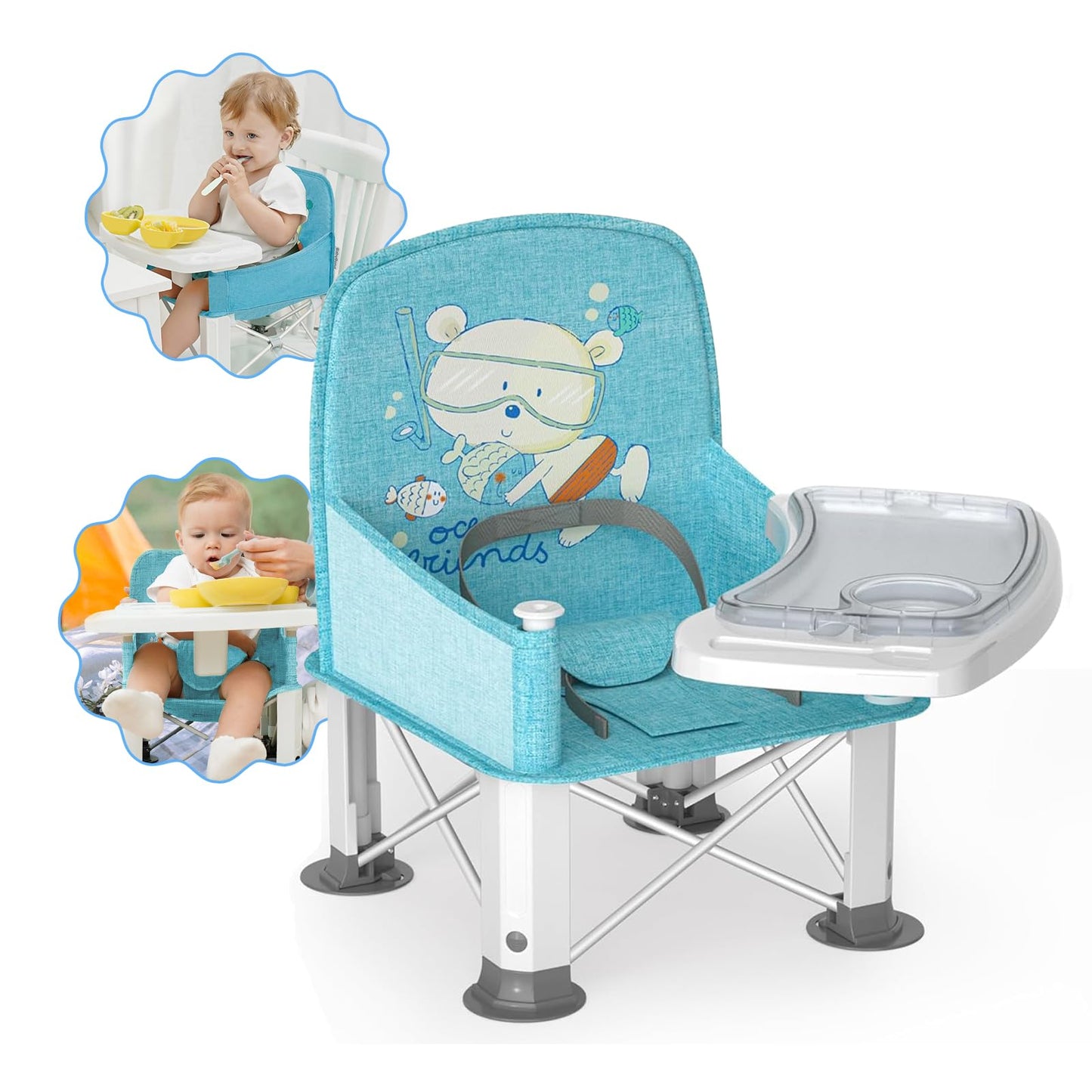 BabyBond - Asiento elevador de viaje para bebé con doble bandeja, silla de bebé portátil mejorada, asiento elevador para mesa de comedor, silla de bebé estable y plegable para interiores y exteriores