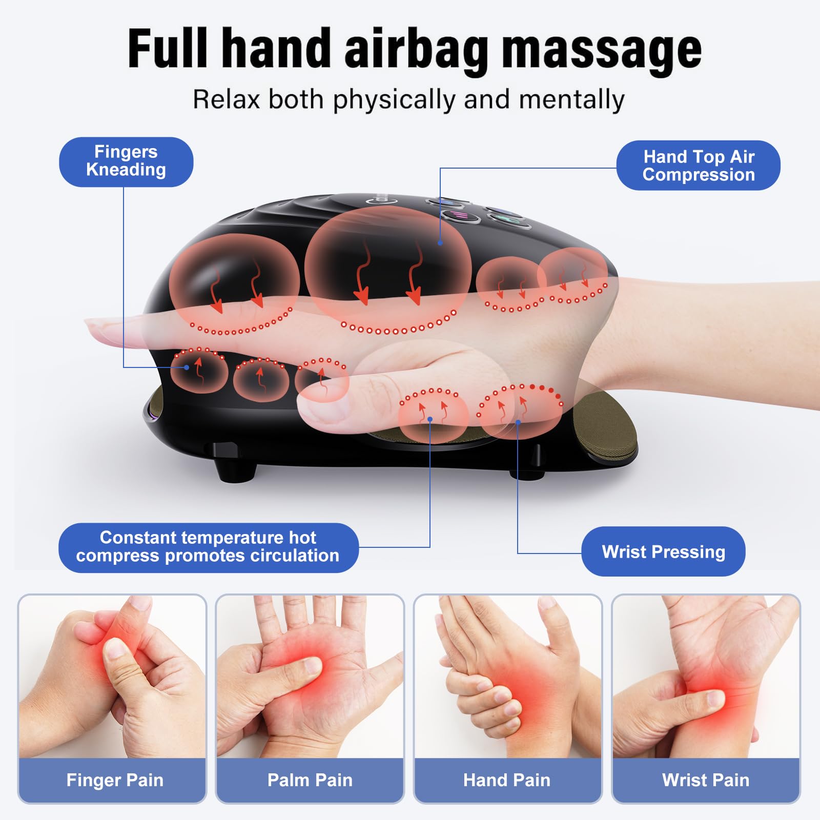 Masajeador de Manos Eléctrico, Masajeador de Manos Inalámbrico con Calor, Masaje Terapéutico de 3 Niveles, Máquina de Masaje de Dedos y Muñecas para Aliviar el Dolor, Regalos para Papá Mamá