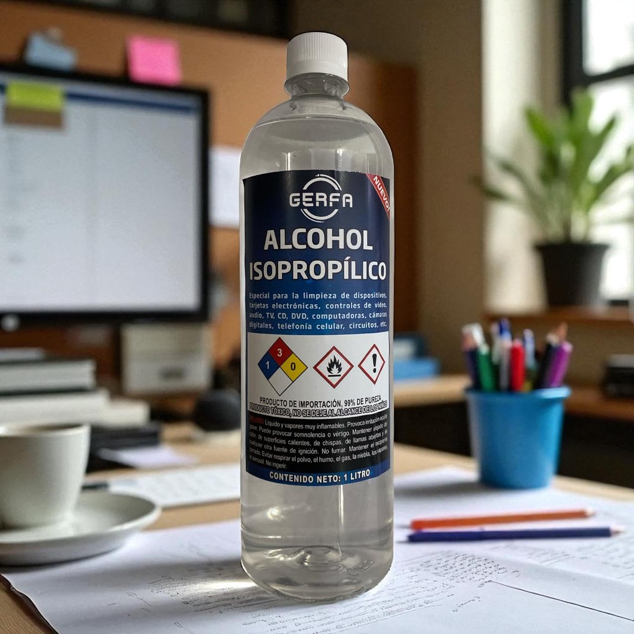 GERFA Alcohol Isopropílico 99% Pureza, 1 Litro - Ideal para Limpieza de Equipos Electrónicos, y Componentes Delicados. Alcohol de Alta Calidad para Mantenimiento y Uso Profesional