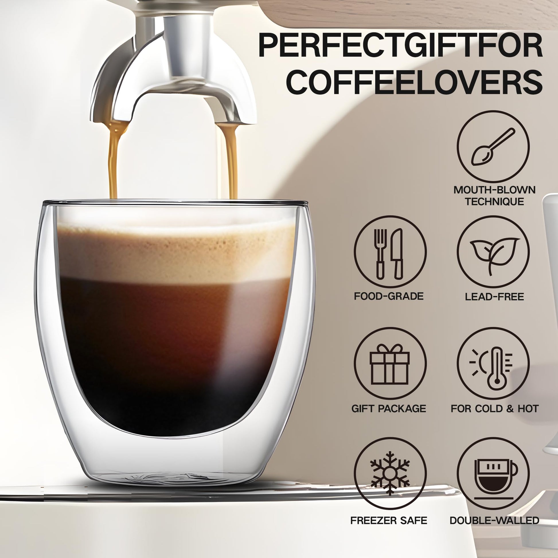 Juego de Tazas de Café YMMIND Vidrio Transparente de Doble Pared y Borosilicato Aislado para Bebidas Calientes o Frías