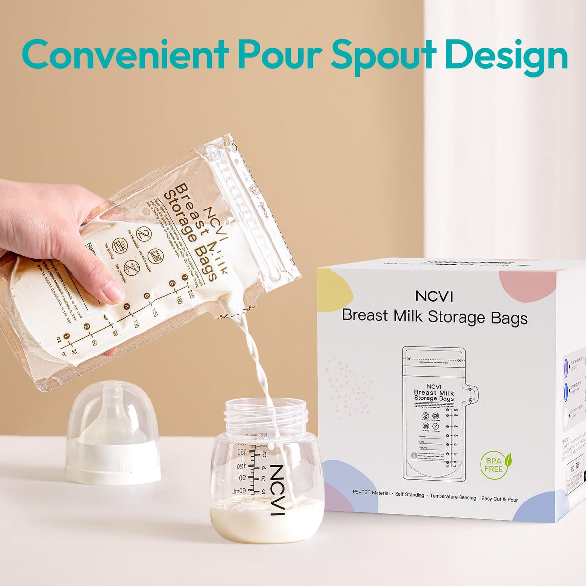 NCVI Bolsas de almacenamiento de leche materna, bolsas de almacenamiento de leche de 180 unidades para lactancia materna, bolsas de almacenamiento de congelador de leche materna de 7 onzas con sensor de temperatura, pre-Sterilizadas, autónomas, boquilla d