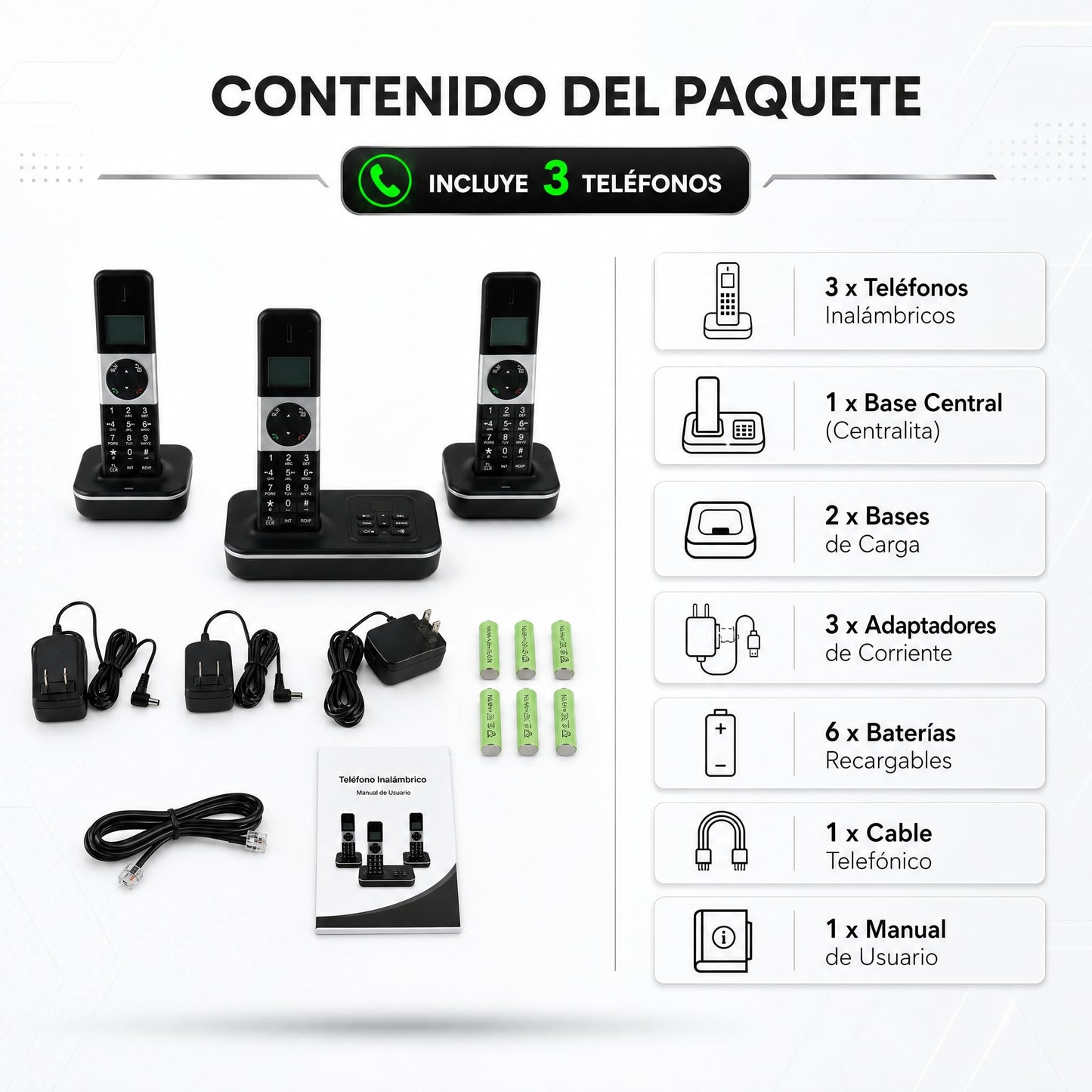 D1002 TAM-T Teléfono Inalámbrico de 3 Auriculares, con Contestador Automático Identificador de llamadas/llamada en espera, Pantalla LCD de 3 líneas de 1,6 pulgadas, Baterías recargables con 16 idiomas