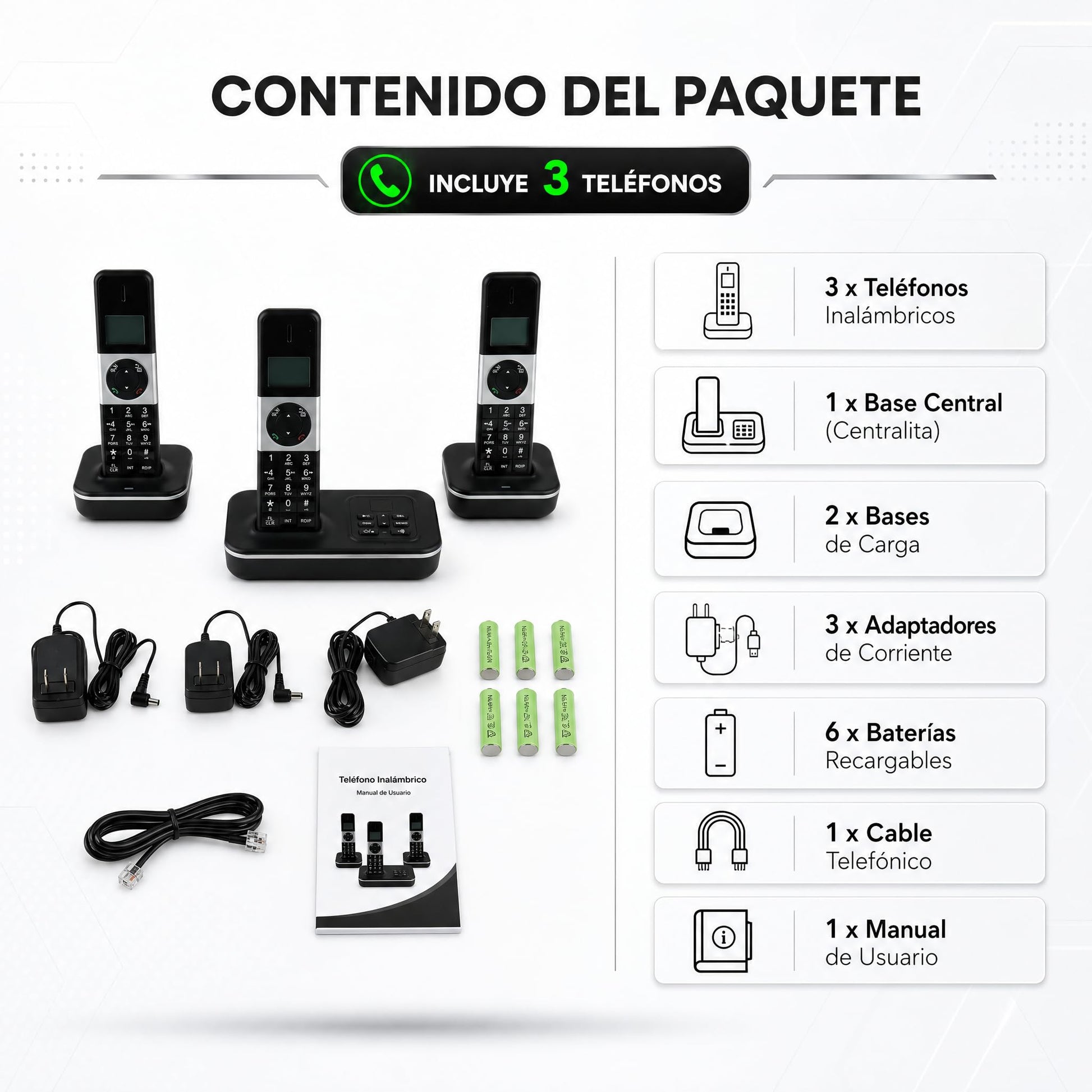 D1002 TAM-T Teléfono Inalámbrico de 3 Auriculares, con Contestador Automático Identificador de llamadas/llamada en espera, Pantalla LCD de 3 líneas de 1,6 pulgadas, Baterías recargables con 16 idiomas