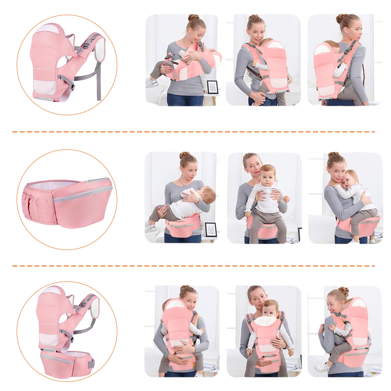 Portabebés Fular Cangurera Asiento de Cadera Ergonomico Ligero y Ajustable Rosa para Bebé de 0 a 36 Meses