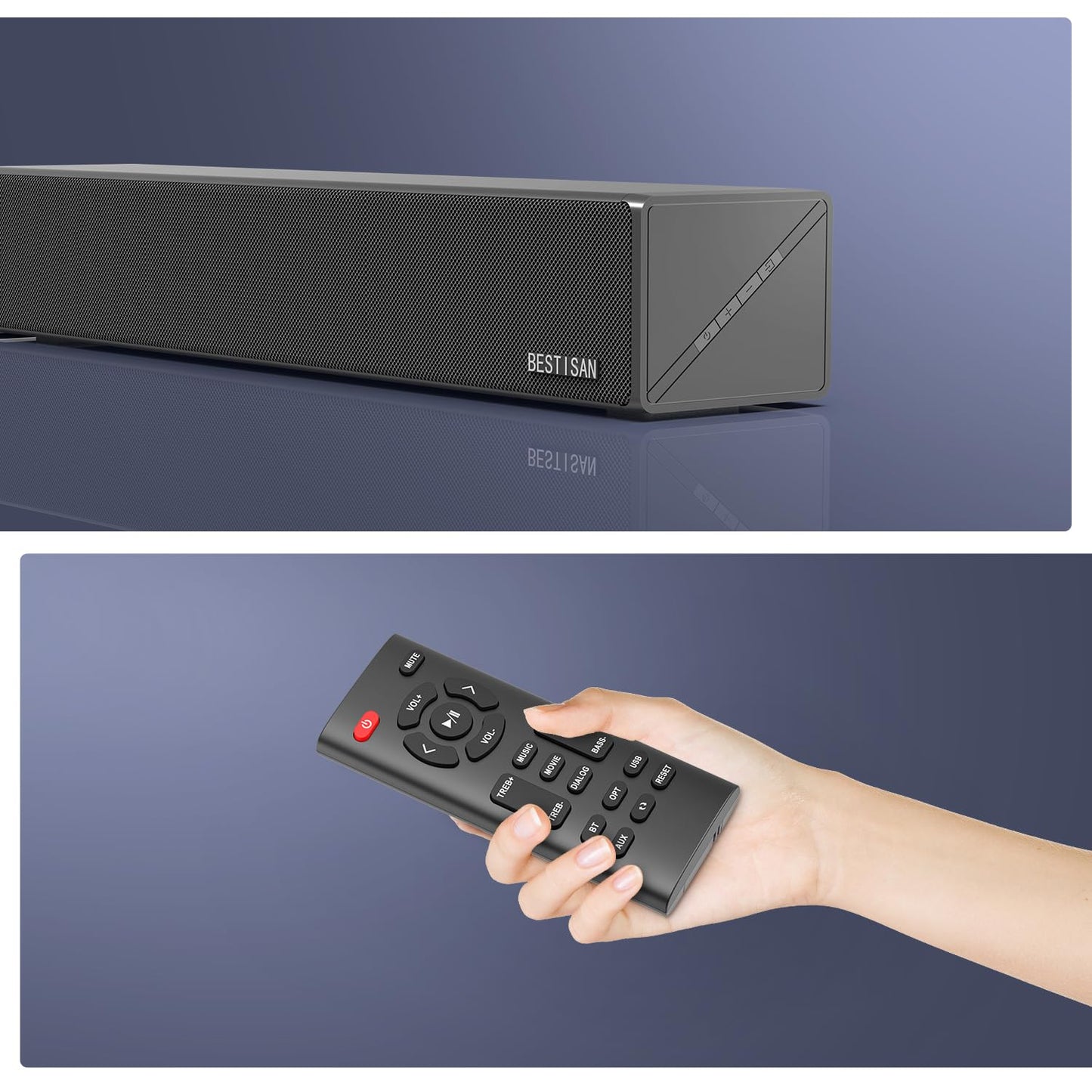BESTISAN Barras de sonido para TV, barra de sonido de 16.5 pulgadas con entradas ópticas, AUX, USB y Bluetooth, barra de sonido para TV (DSP, TREB y graves ajustables, modo de conmutación cíclica,