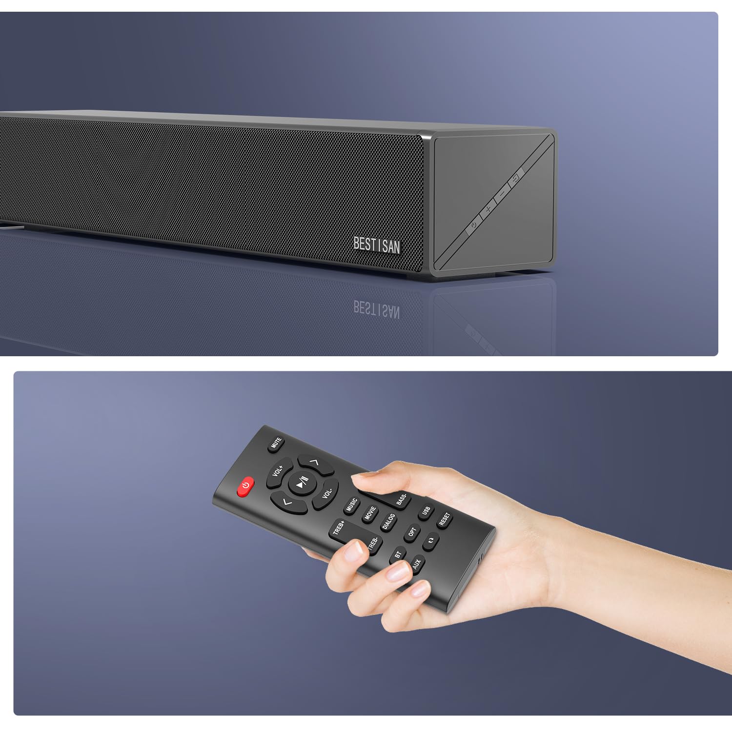 BESTISAN Barras de sonido para TV, barra de sonido de 16.5 pulgadas con entradas ópticas, AUX, USB y Bluetooth, barra de sonido para TV (DSP, TREB y graves ajustables, modo de conmutación cíclica,