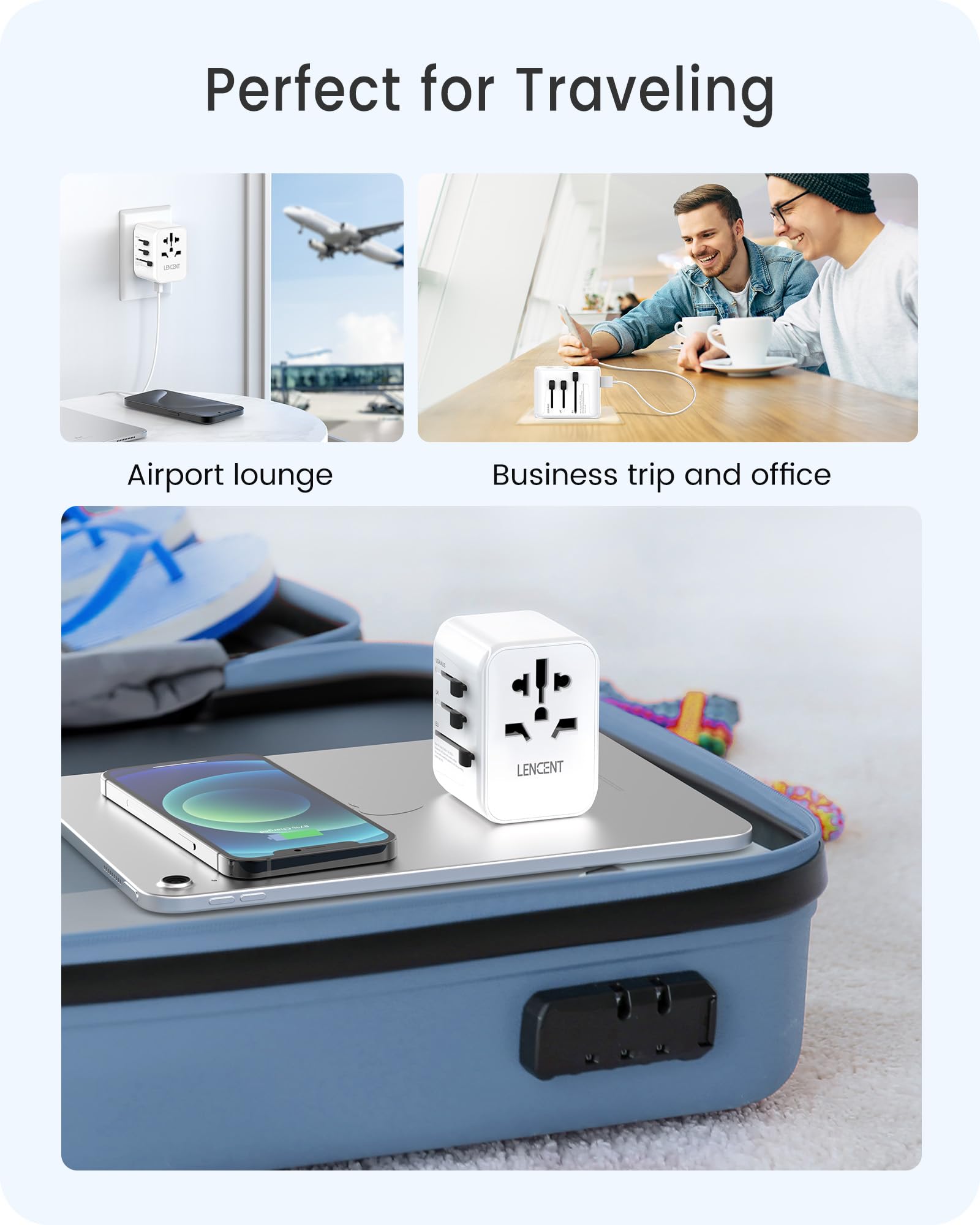 LENCENT Adaptador Universal de Viaje, Cargador Universal con 2 Puertos USB y 3 USB-C Carga Rápida PD 30W, Adaptador Internacional Enchufe Tipo A/C/G/I para USA, Reino Unido, Europa, Australia, Blanco