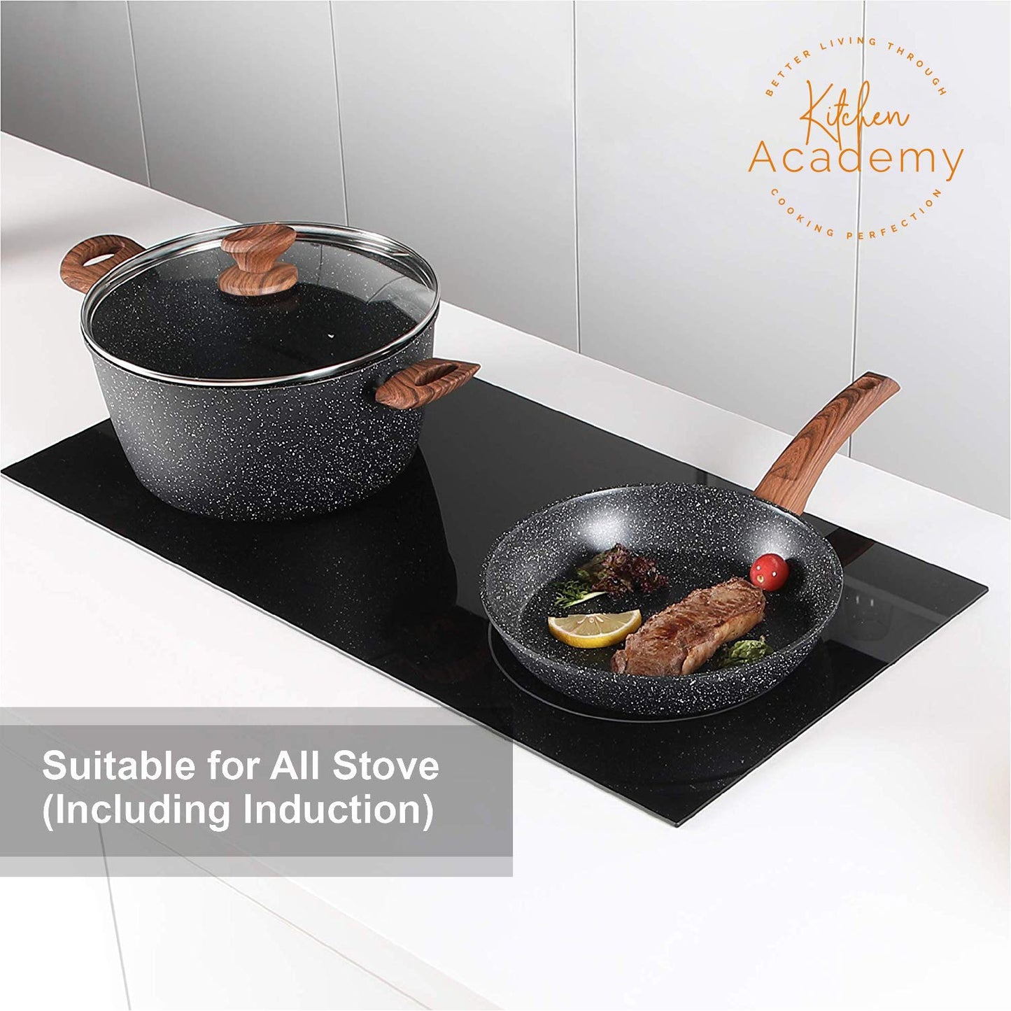 Kitchen Academy - Juego de utensilios de cocina de inducción - Juego de sartenes y ollas antiadherentes de granito negro