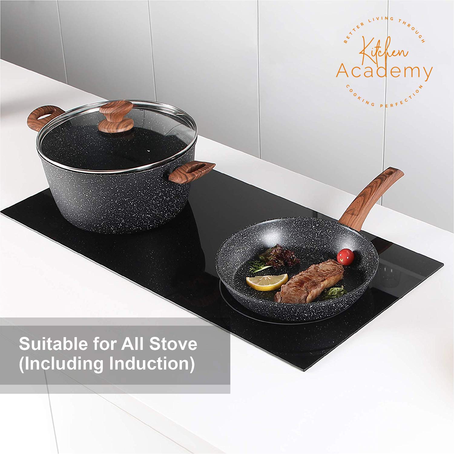 Kitchen Academy - Juego de utensilios de cocina de inducción - Juego de sartenes y ollas antiadherentes de granito negro