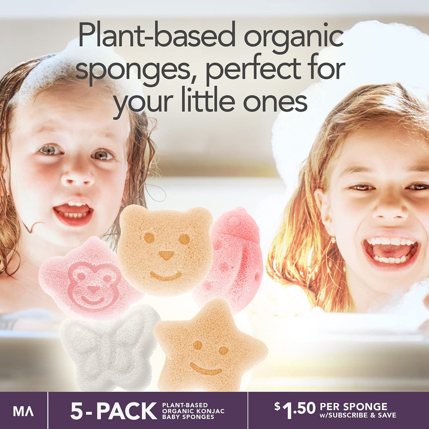 Konjac - Esponja para bebé para bañarse, formas naturales lindas, esponjas de baño para niños, hora del baño de niños pequeños, segura a base de plantas orgánicas, juego de 5 piezas: oso, mono, mariposa, mariquita, estrella