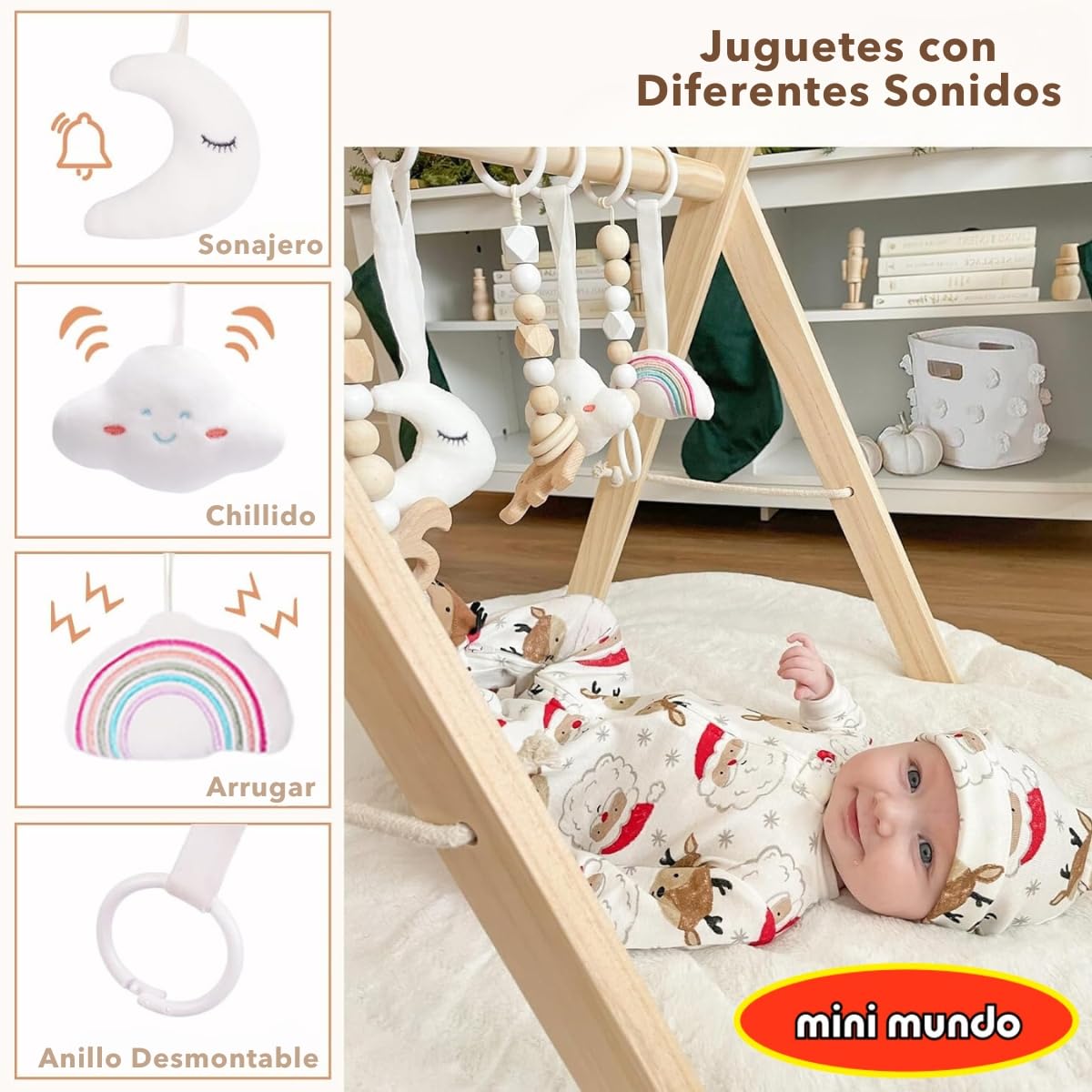 Gimnasio de Madera Natural Mini Mundo Plegable con 6 Juguetes para Bebés