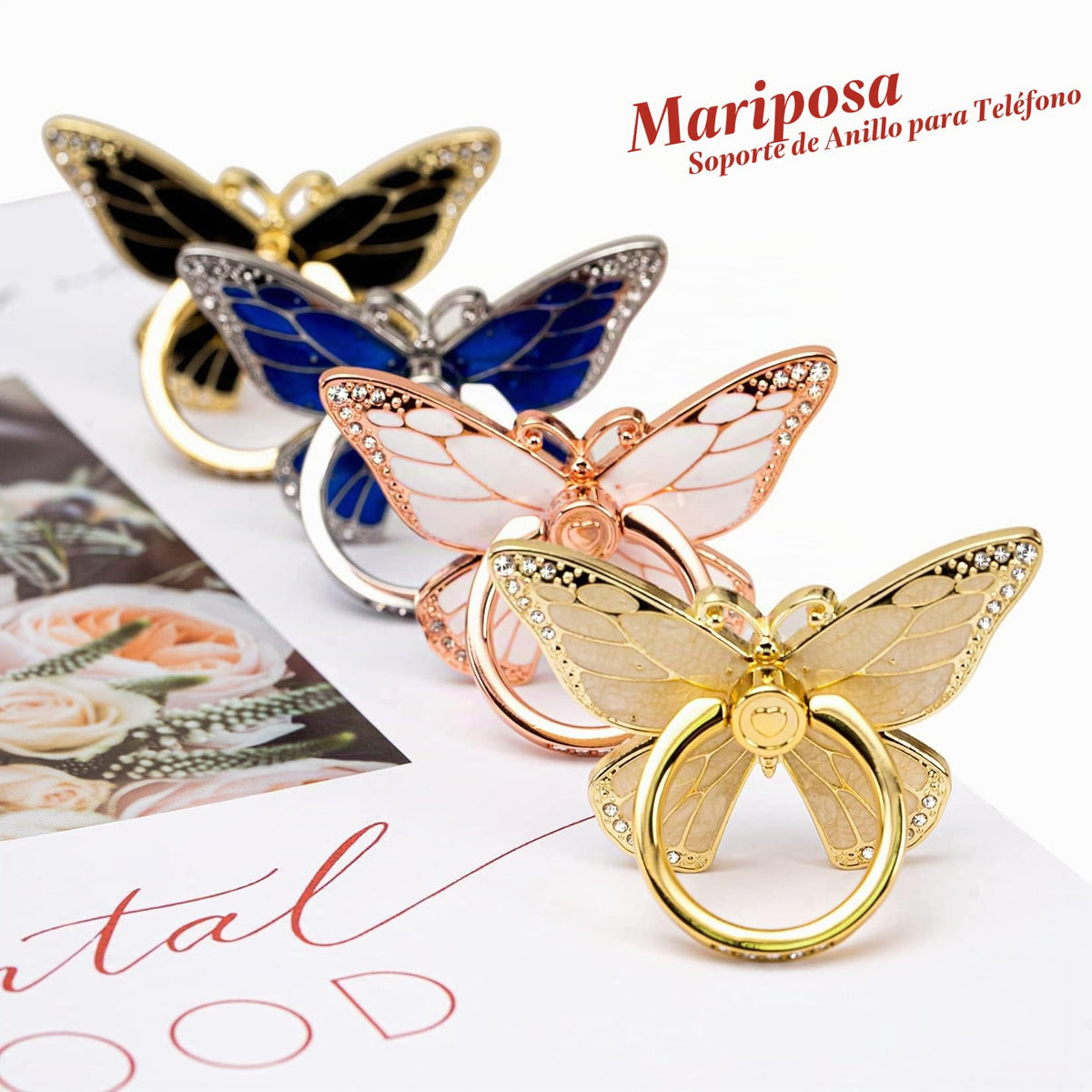 Soporte de Anillo de Cristal Esmaltado con Mariposa Giratoria 360° Para Teléfono Móvil