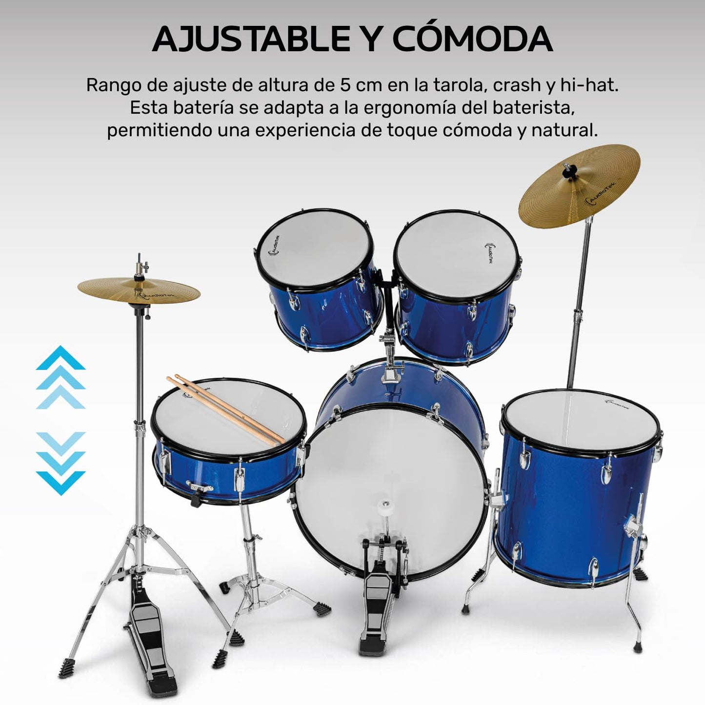 AUDIOTEK Bateria Acustica 5 Piezas Completo Platillos Atriles Bombo 23 Pulgadas Toms Redoblante Tambor de Piso Baquetas Incluidas Kit Musical Semi Profesional para Principiantes y Adultos (Azul)