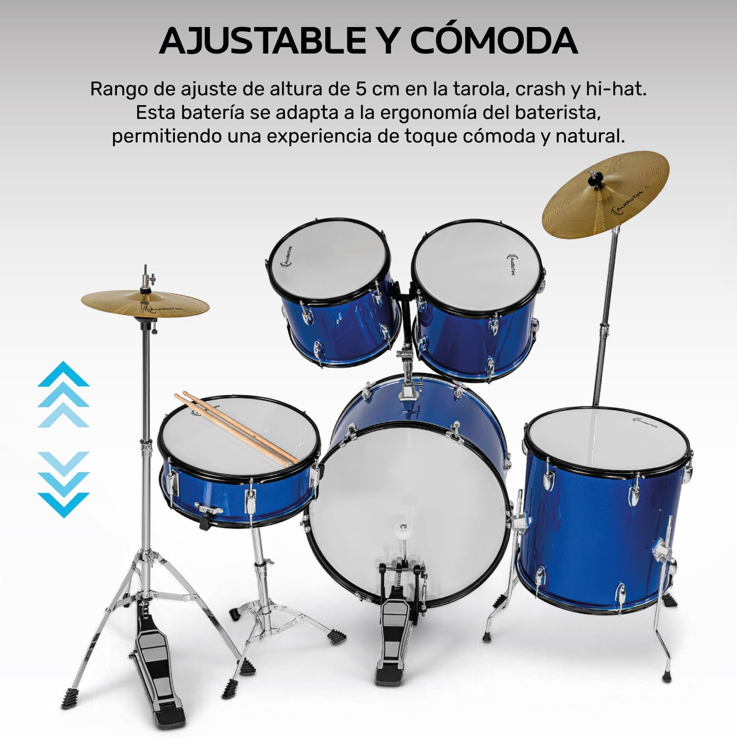 AUDIOTEK Bateria Acustica 5 Piezas Completo Platillos Atriles Bombo 23 Pulgadas Toms Redoblante Tambor de Piso Baquetas Incluidas Kit Musical Semi Profesional para Principiantes y Adultos (Azul)