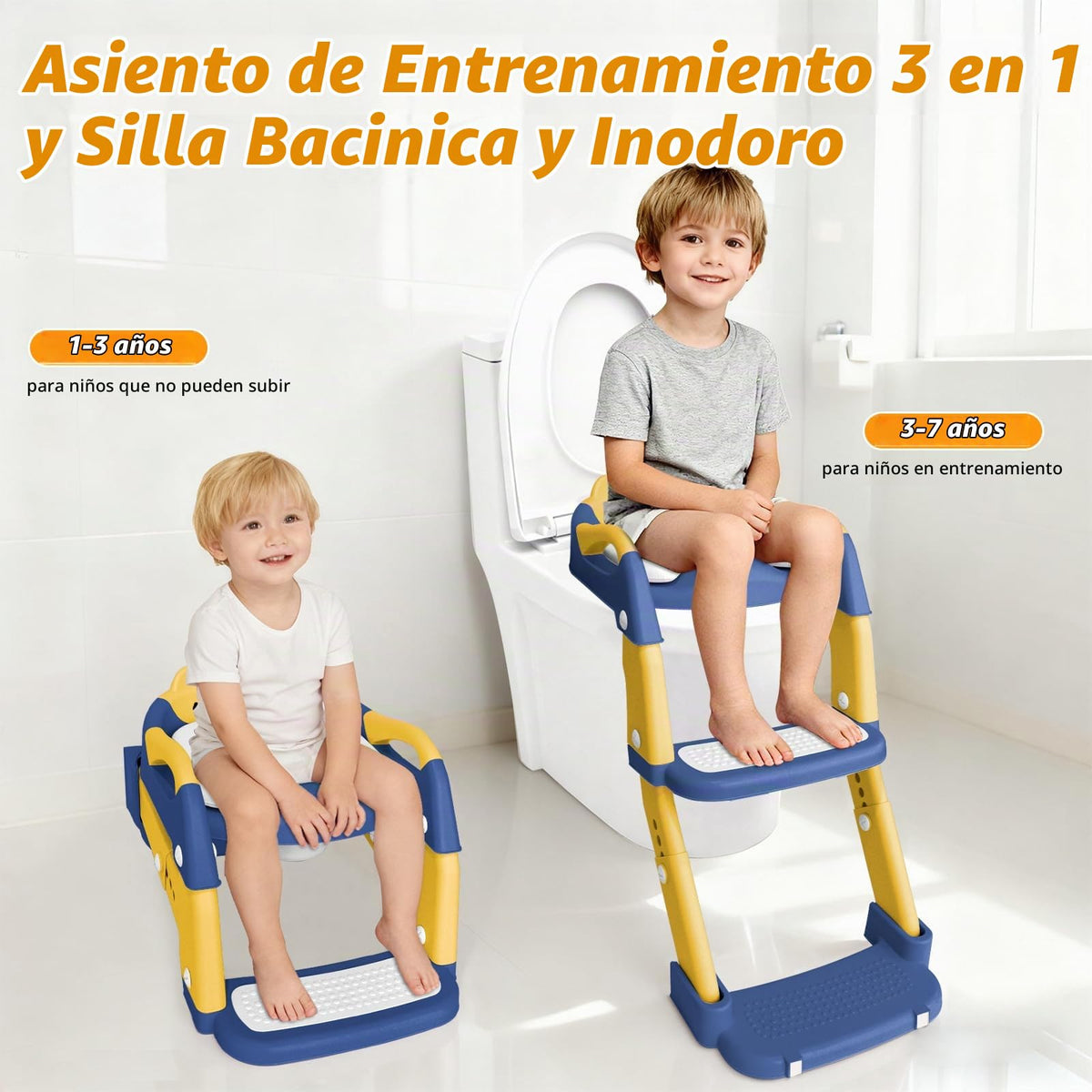 Orinal de entrenamiento BBfancy, asiento de inodoro para niños y niñas mejorado, orinal de entrenamiento 3 en 1 con escalera plegable antideslizante (Azul+Amarillo)