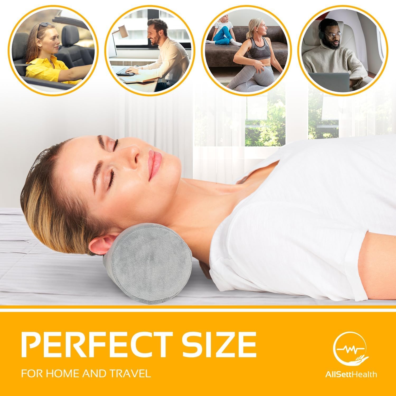 AllSett Health - Almohada de Espuma viscoelástica para Cuello Cervical, Refuerzo, Soporte de Cuello Redondo para Dormir | Almohada para Cama, piernas, Espalda y Yoga