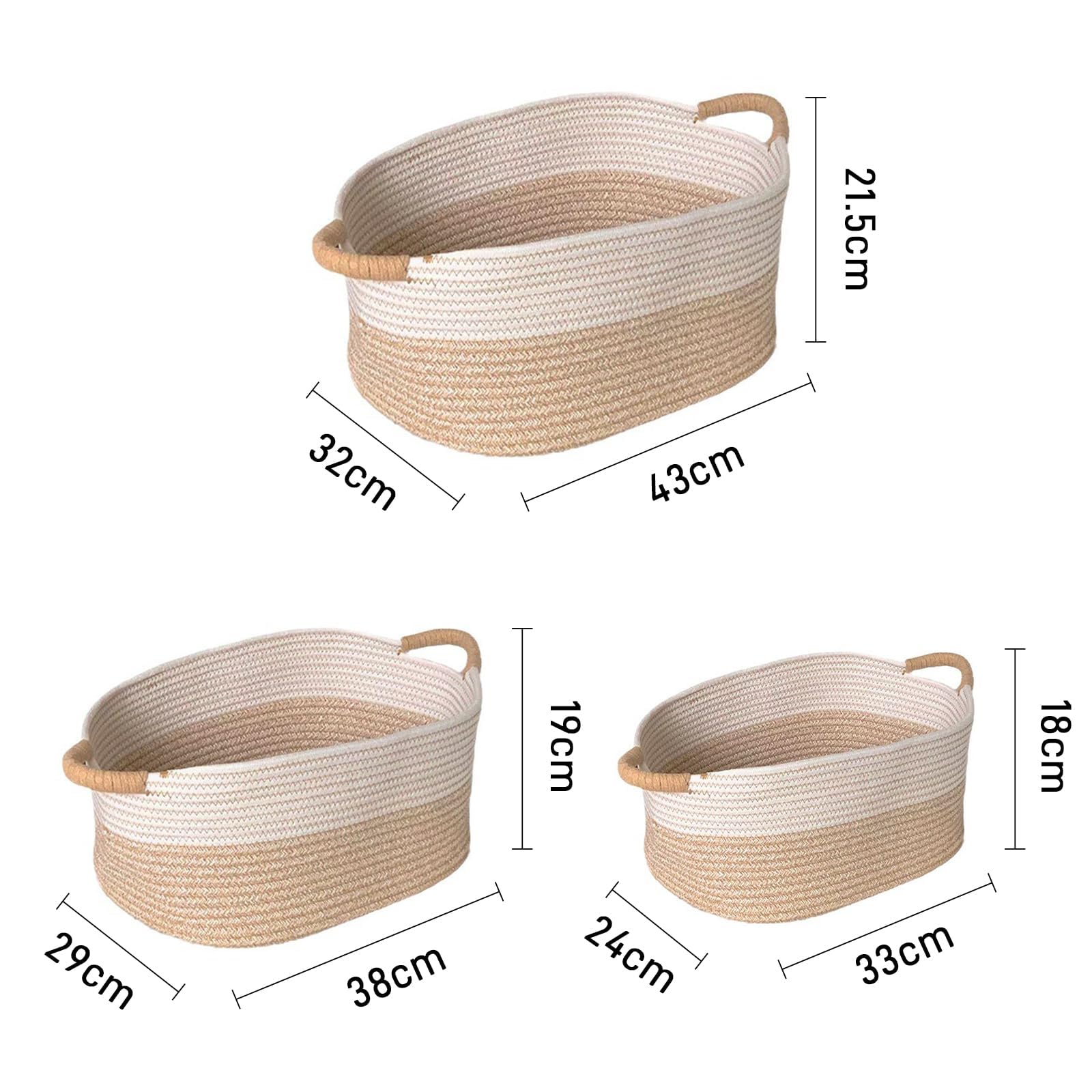 3 Canastas Organizadoras de Cuerda de Algodón Natural con Asas, Cestas Tejidas Multiusos para Ropa, Juguetes y Baño, Juego de 3 Tamaños, Decorativas para Dormitorio y Guardería (Caqui y Blanco)