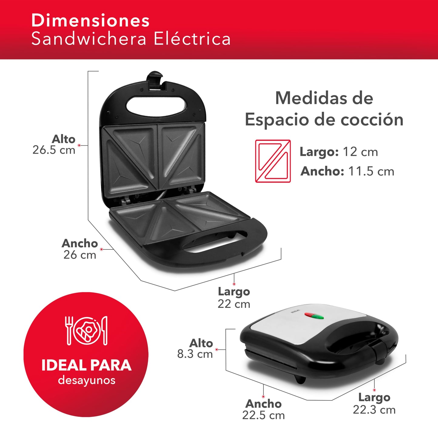 RCA Sandwichera Eléctrica RC-SW1, Placa Antiadherente, Doble Rebanada, Temperatura Ajustable, Luces Indicadoras, Seguro Frontal, Diseño Compacto y Acero Inoxidable, Ideal para Sándwiches y Desayunos