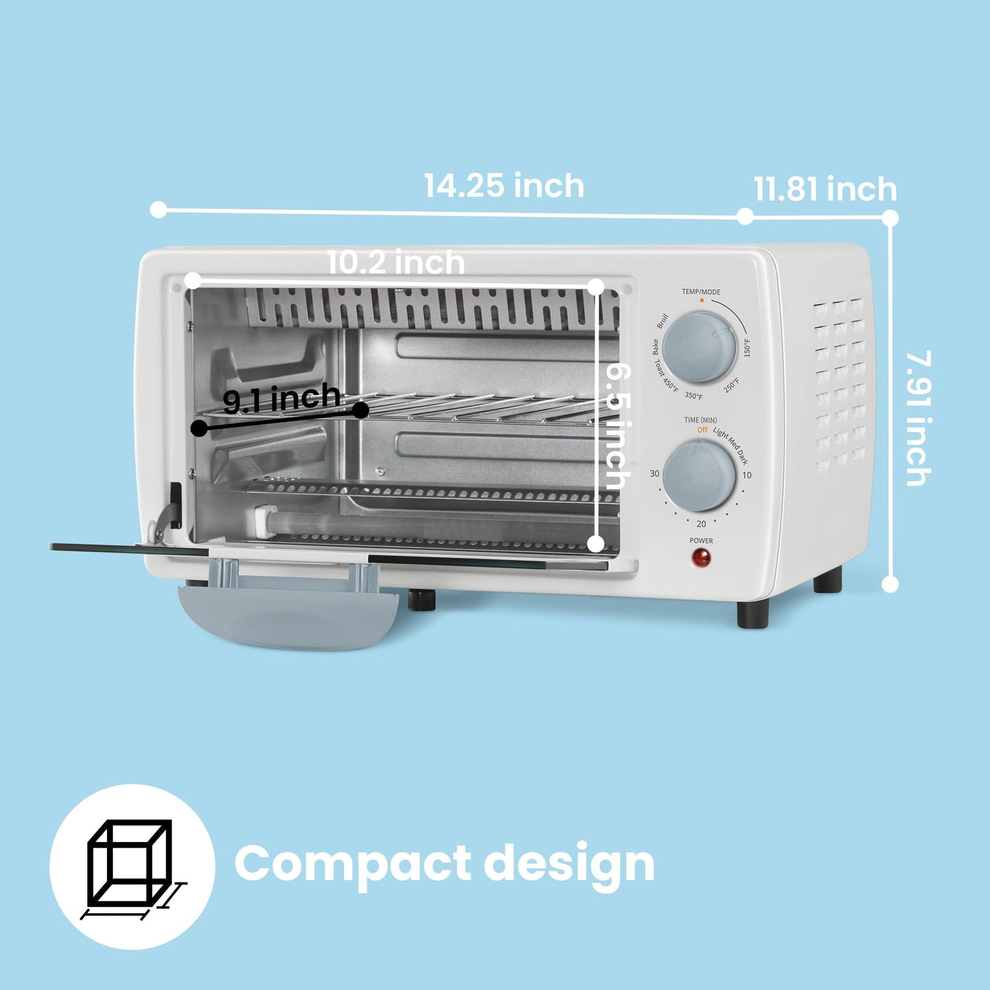 COMFEE' Horno de encimera, pequeño horno tostador combinado de 4 rebanadas, mini horno para pizza de 9 pulgadas, horno compacto, hornear, asar, 950 W, blanco, CTO-E101A (WH)