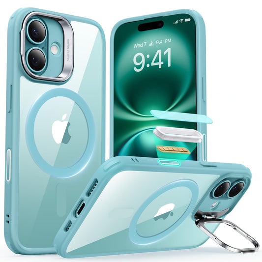 ESR - Funda para iPhone 16 Plus, botón de control de cámara compatible con MagSafe, protección de grado militar, soporte integrado, funda trasera resistente a arañazos, clásica, verde transparente