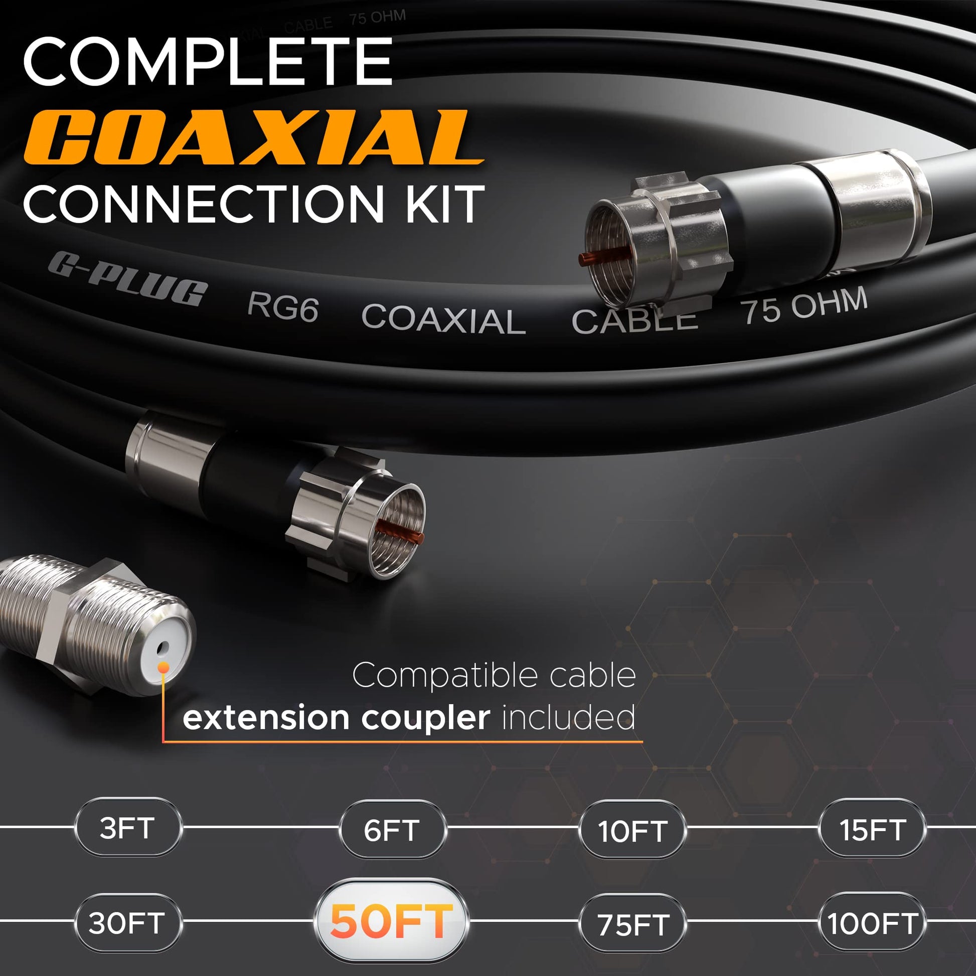 G-PLUG Cable Coaxial RG6 75 Ohm, Triple Blindaje, Conectores F Tipo Macho a Macho, Cable Antena TV, Satelital e Internet Banda Ancha, Incluye Acoplador F81, Negro