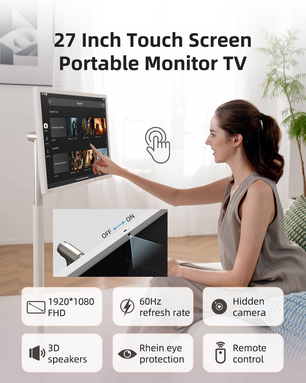 KTC Monitor portátil de TV de 27 pulgadas, monitor de computadora para juegos de visualización táctil 1080P, 60Hz, cámara Bulitin, compatible con Google TV, contraste 4000:1, batería de 9500 mAh