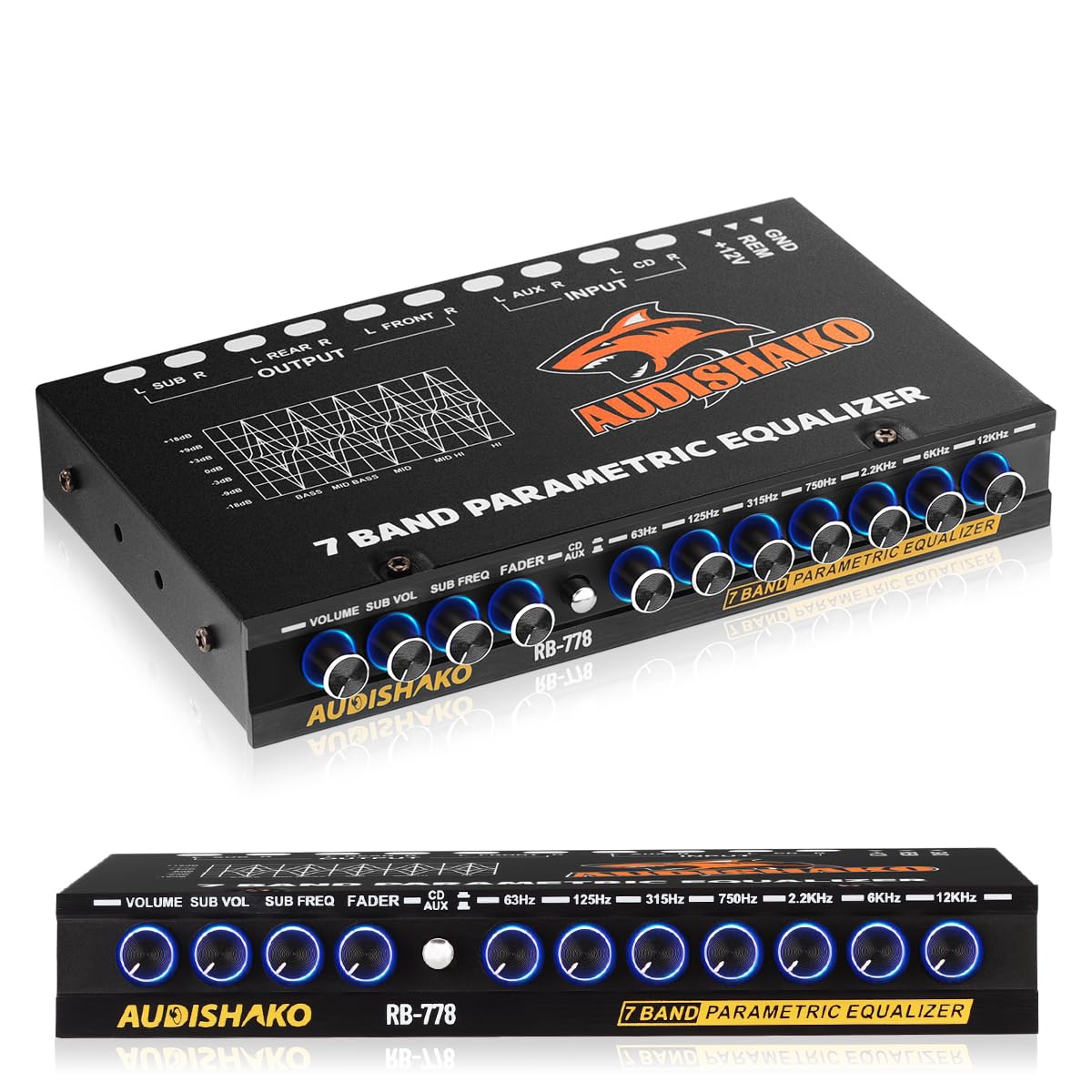 Ecualizador AUDISHAKO 7 Bandas 6 Salidas RCA 4 Entradas RCA con Indicador LED para Carros, Pickups y SUV