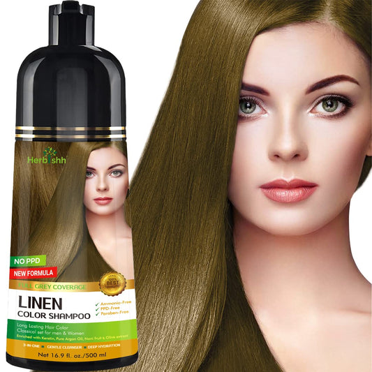 Herbishh - Champú para teñir el cabello gris, champú con tinte natural para el cabello, colorea el cabello en minutos, dura hasta 3 a 4 semanas, 500 ml, tinte de cabello 3 en 1, sin amoniaco | (lino)