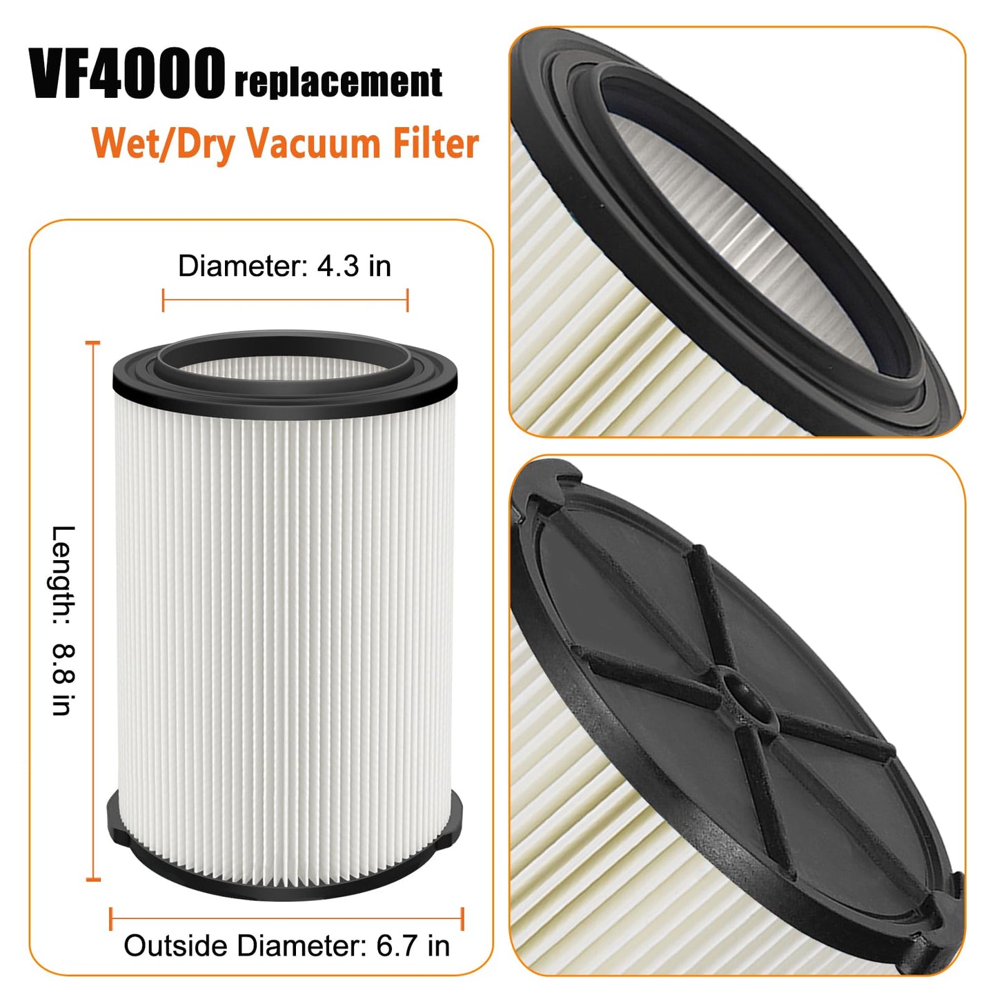 LVJUSEN VF4000 - Filtro de repuesto para aspiradoras Ridgid Shop de 5 a 20 galones, filtro universal VF4200 se adapta al filtro de aspiradora rígido húmedo y seco Husky Shop de 6 a 9 galones con