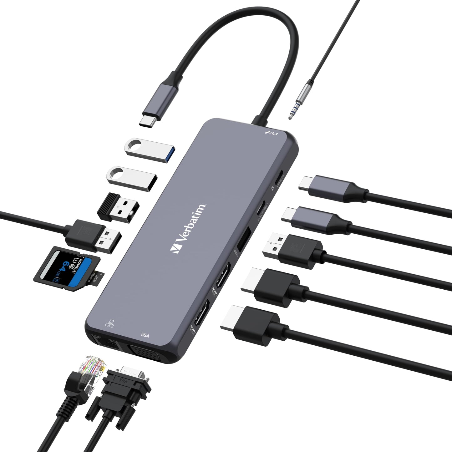 Hub USB C Verbatim 14 en 1 Multipuerto HDMI VGA RJ45 USBA-A USB-C PD con Lector de Tarjetas SD para Mac y Windows Computadora Portátil