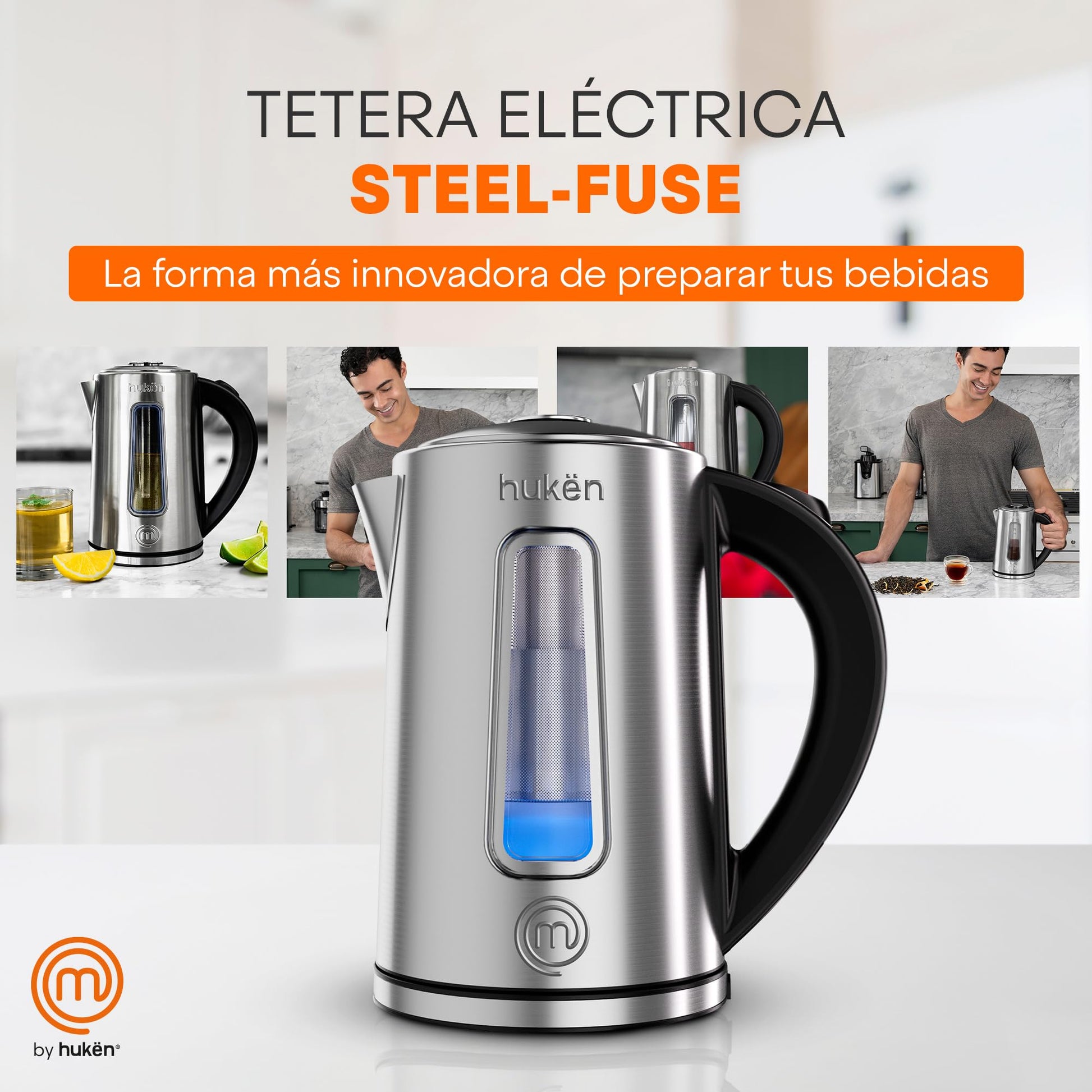 Hukën x MasterChef | Tetera Eléctrica Fuse+ con Infusor Removible | Hervidor de Vidrio/Acero Inoxidable | Base Giratoria 360° | Capacidad de 1.7 L | Calentador de Agua Rápido y Seguro (ON/OFF ACERO)