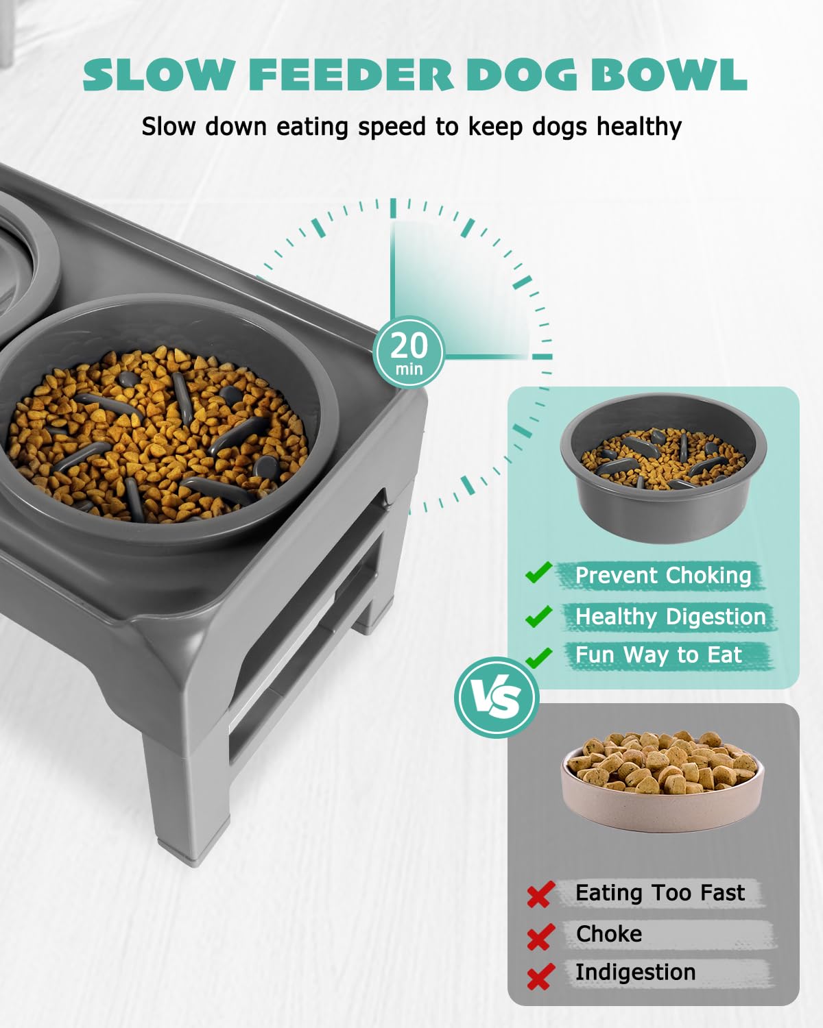 Cuencos elevados para perros, soporte elevado para cuencos para perros con alimentador lento y tazón de agua sin derrames, 4 alturas ajustables para perros grandes, medianos y pequeños (gris)