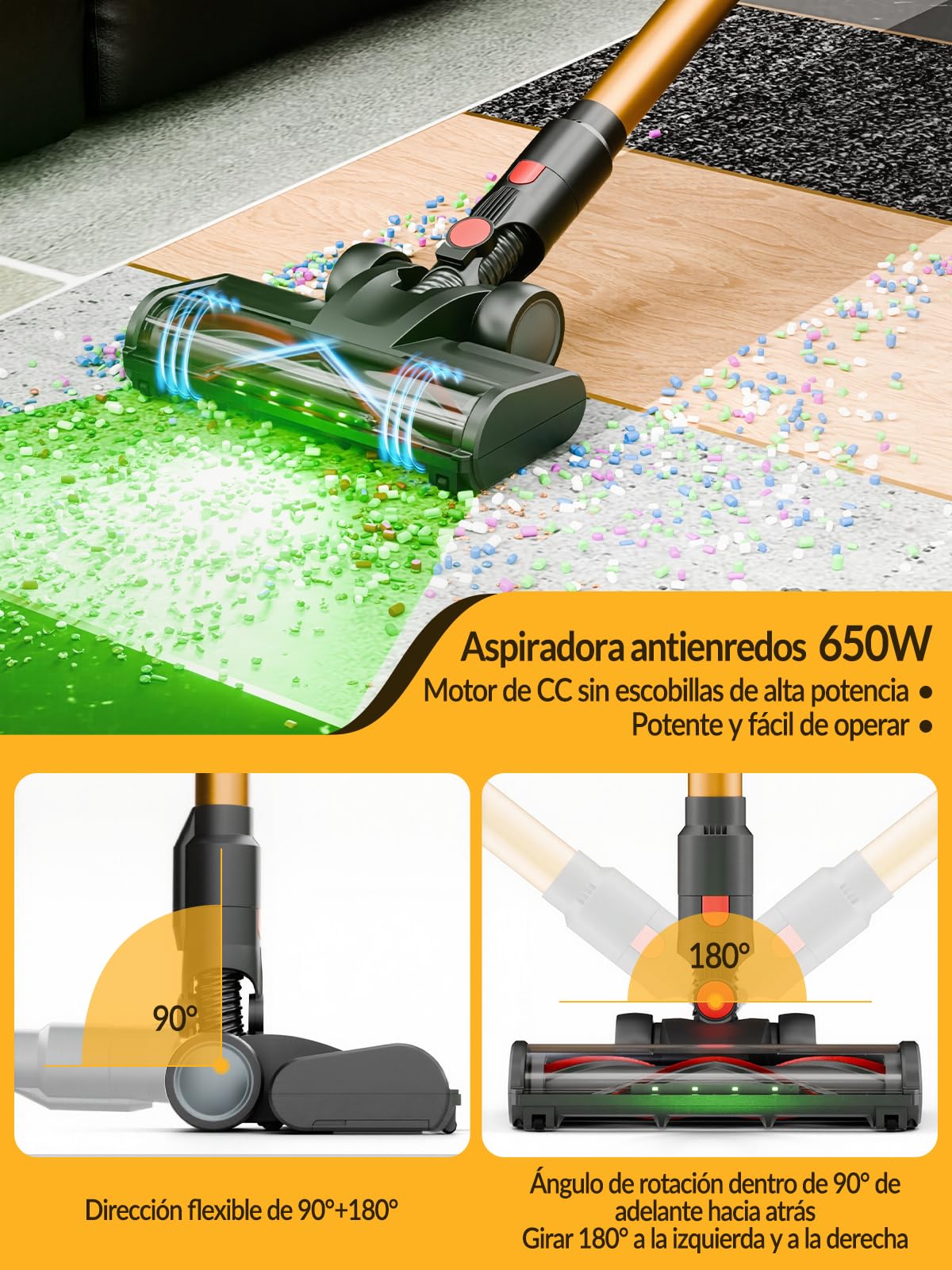 Aspiradora Inalámbrica, 50 Minutos de autonomía, 40Kpa Aspiradora de Mano, Plegable Aspirador Escoba Inalambrica Potente, Pantalla Táctil, Adecuado para Pisos domésticos, alfombras y Pelo de Mascotas