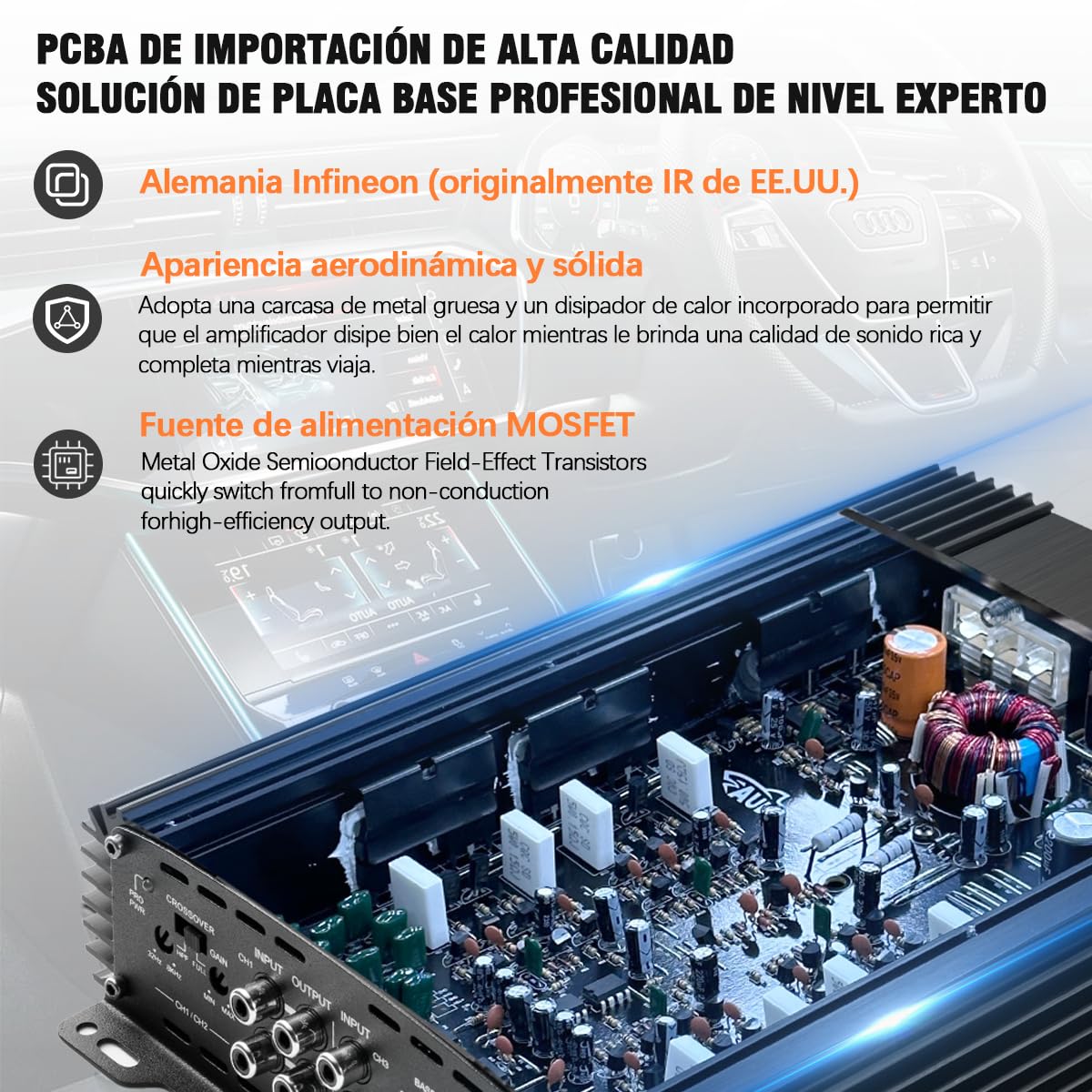 AUDISHAKO 1200W Amplificador de Audio para Coche de 4 Canales,Amplificador para Auto de Clase A/B, 2 Ohm 160W x 4 Canales, Coches Deportivos y Otros Sistemas de Audio para Coche