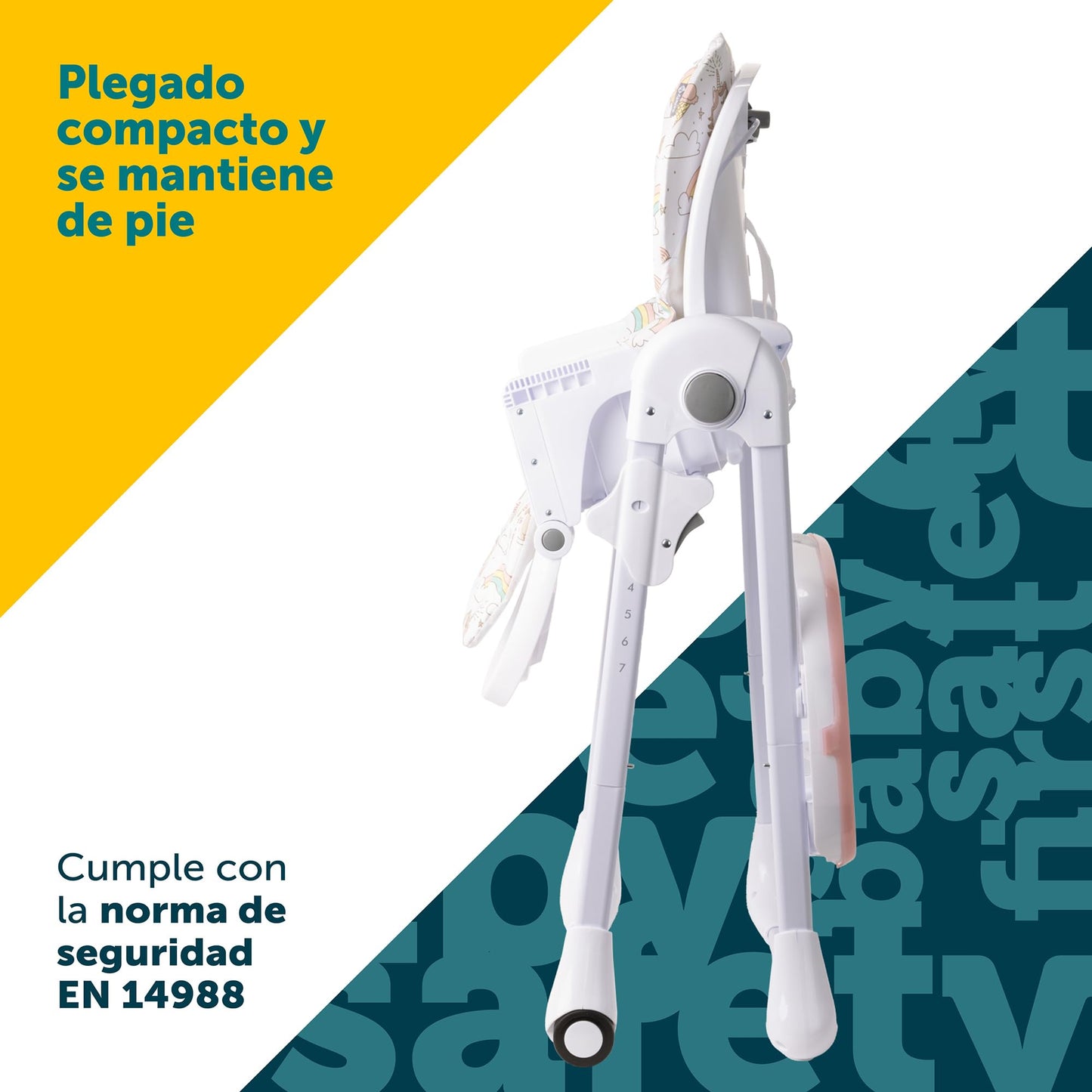 Safety 1st Silla Alta Periquera Tavola, Unicornios, 7 posiciones de altura, 3 de reclinación, reposapiés ajustable, doble charola, plegado compacto.