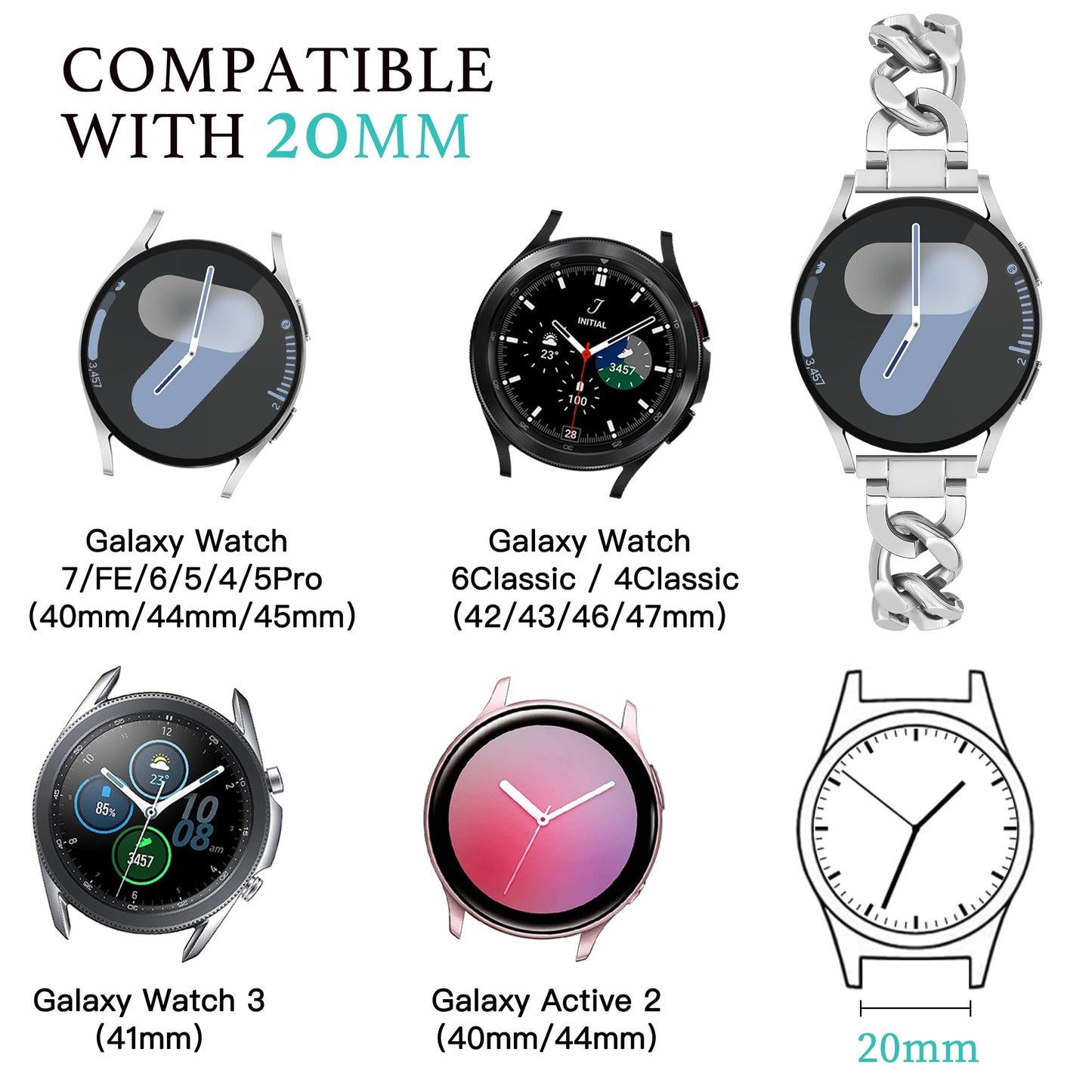 G-ficu Galaxy Watch 7 6 5 4 FE Band 20 mm Cowboy Chain para Samsung Galaxy Watch 7 6 5 4 Band 40 mm 44 mm, bandas de metal para mujer para Samsung Watch Band 4 6 Classic/3 41 mm/Active 2 - Plata