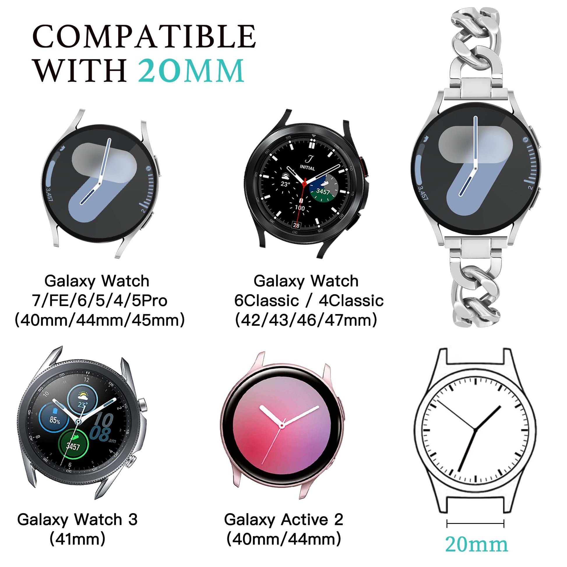G-ficu Galaxy Watch 7 6 5 4 FE Band 20 mm Cowboy Chain para Samsung Galaxy Watch 7 6 5 4 Band 40 mm 44 mm, bandas de metal para mujer para Samsung Watch Band 4 6 Classic/3 41 mm/Active 2 - Plata