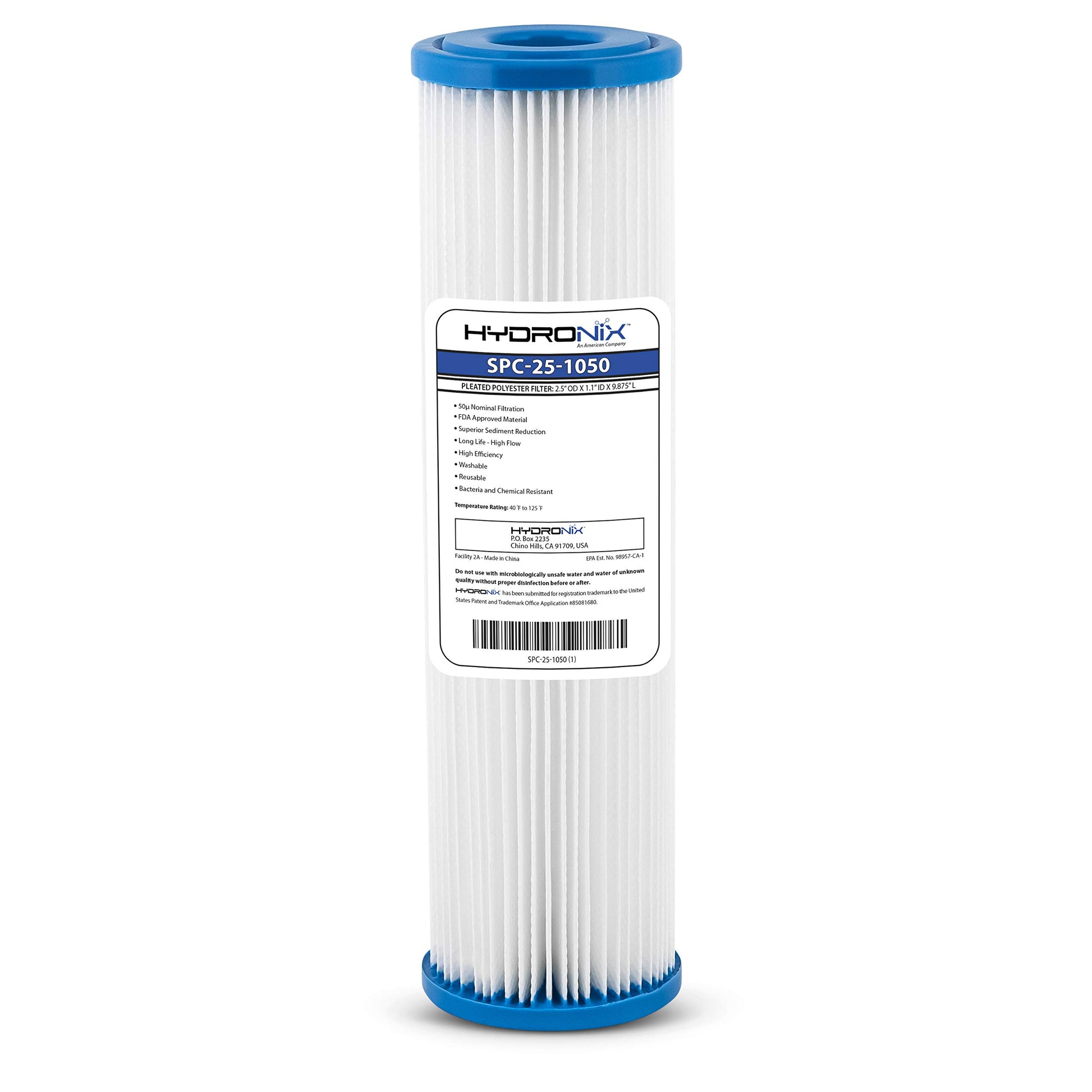 Hydronix SPC-25-1050 Filtro plisado de poliéster de 6,35 cm de diámetro exterior x 9 7/8 pulgadas de longitud, 50 micras