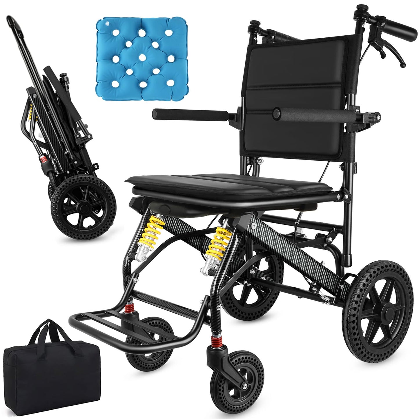 Silla de Ruedas de Viaje Ligera y Plegable con Mango Telescópico y Rueda Trasera Grande de 12 Pulgadas para Adultos