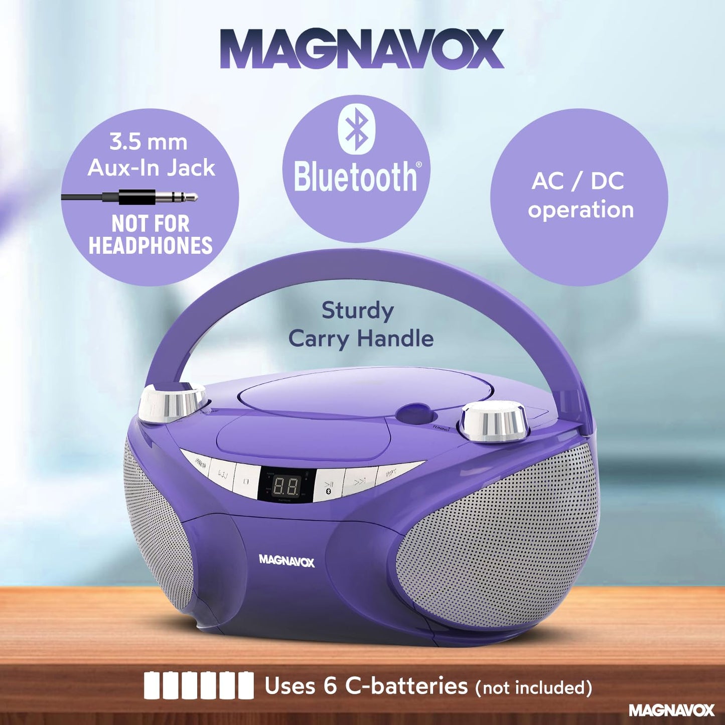 Magnavox MD6949-PL - Boombox portátil de carga superior con radio estéreo AM/FM y tecnología inalámbrica Bluetooth en color morado | Compatible con CD-R/CD-RW | visualización LED |