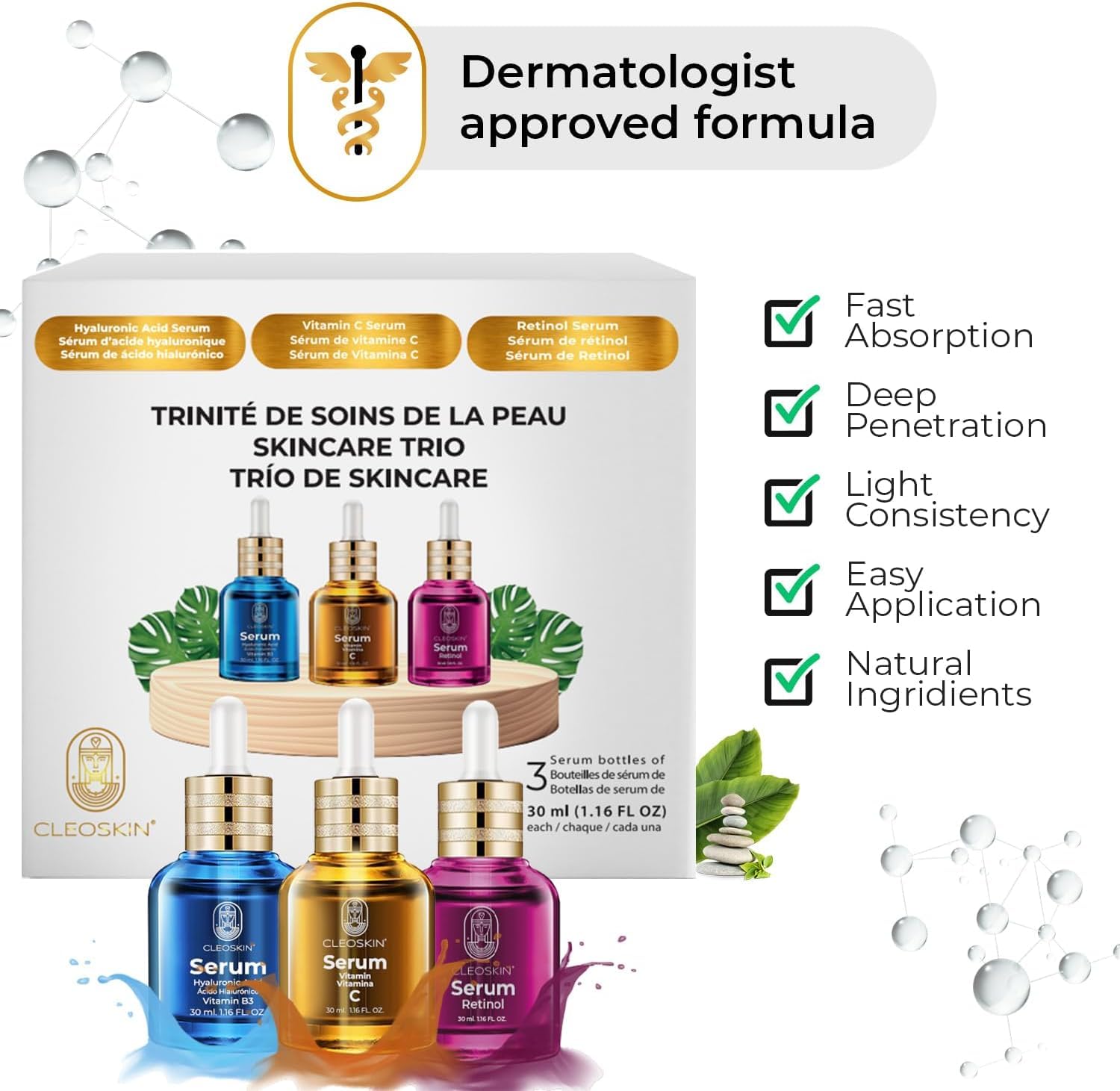 CLEOSKIN Kit 3 sueros faciales, Serum Vitamina C (ácido ascórbico), Serum Ácido Hialurónico con Niacinamida y Serum retinol (Vitamina A). Para el cuidado de la piel