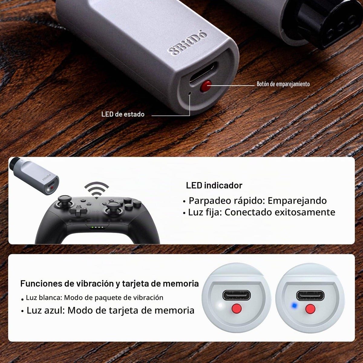 Adaptador Inalámbrico 8Bitdo Retro Receiver N64 con Vibración y Memoria