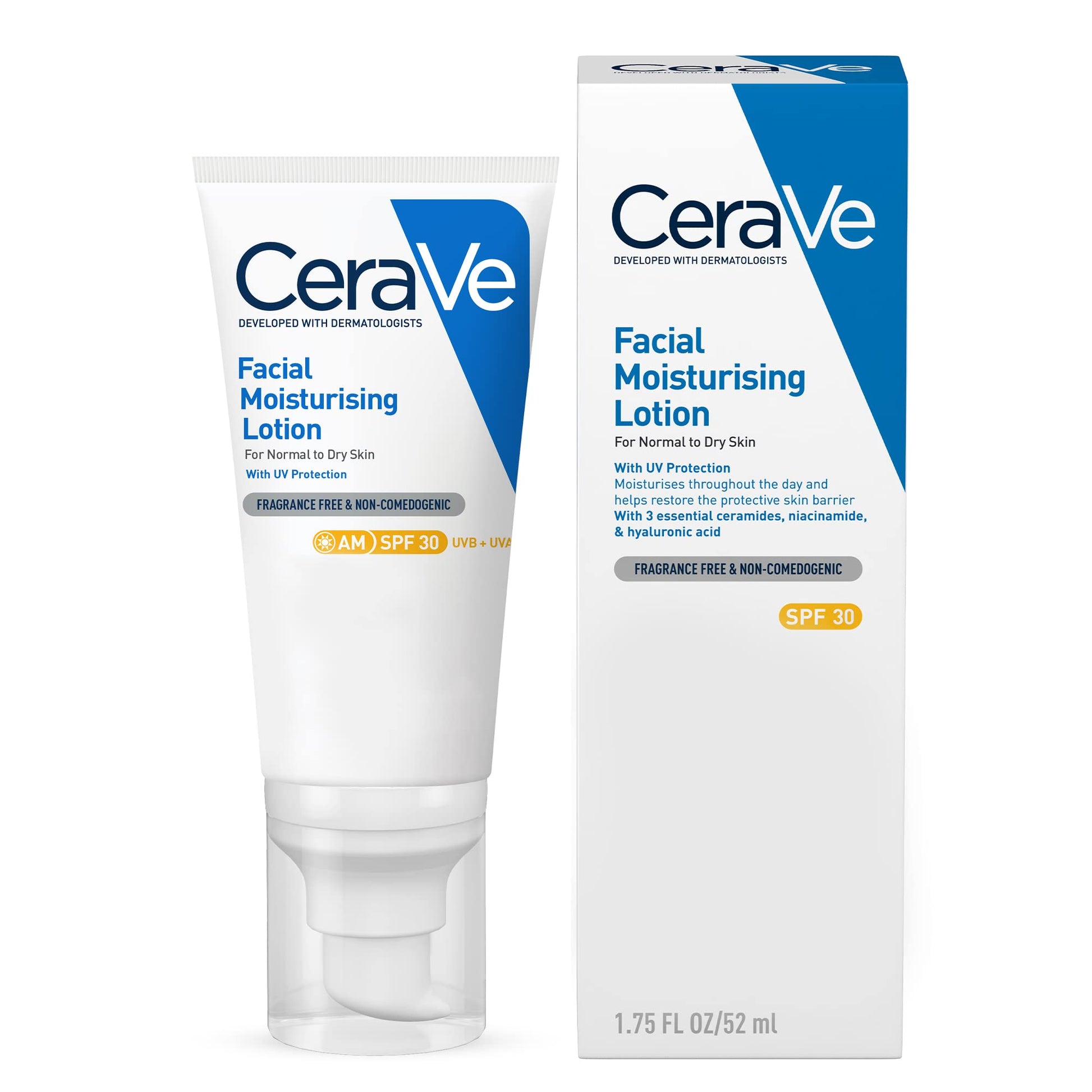 CeraVe Loción Hidratante de Rostro FPS30 |52ml| Hidratante facial diario con protector solar | Libre de fragancia + Crema Reparadora para el Contorno de Ojos