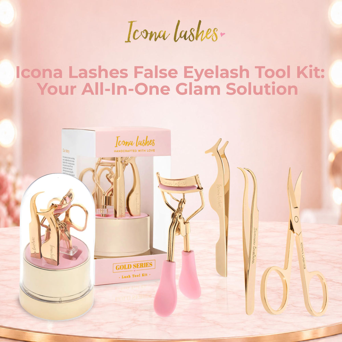 False Eyelash Tool Kit || Lash Applicator, Tweezers, Scissors & Lash Curler || 24k Gold Plated Surgical Grade Stainless Steel || 4 Tools, Beautifully Gift Boxed by Icona Lashes