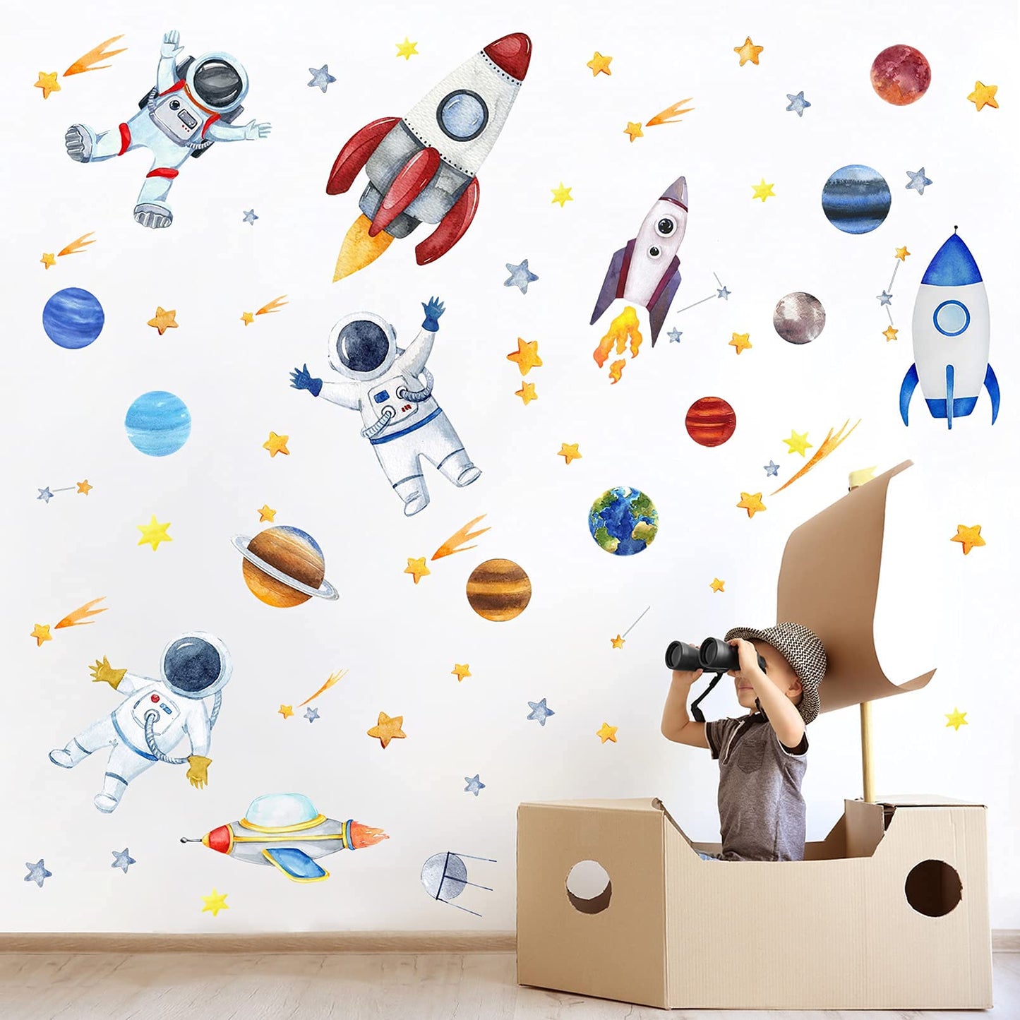 Yovkky Space Astronauta - Calcomanía de pared para naves espaciales, sistema solar galaxia, planeta, despegar, pegatina de acuarela, cohete, cosmonauta, astronave espacial, estrella, decoración del