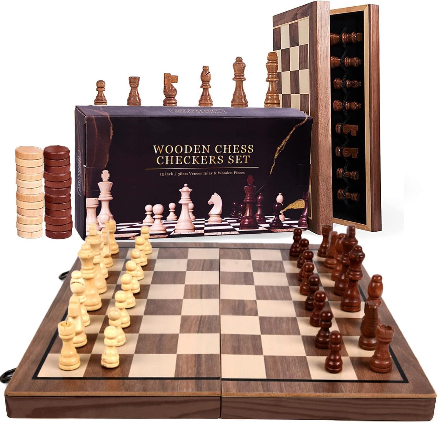 Chess Sets,Juegos de ajedrez,Yakiter 2 en 1 Juego de ajedrez magnético y juego de tablero de damas de 15 pulgadas,con 2 reinas extra,Juego de tablero de ajedrez para principiantes para adultos y niños