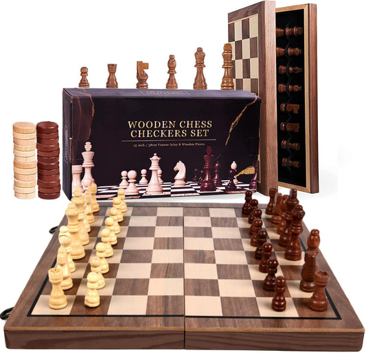 Chess Sets,Juegos de ajedrez,Yakiter 2 en 1 Juego de ajedrez magnético y juego de tablero de damas de 15 pulgadas,con 2 reinas extra,Juego de tablero de ajedrez para principiantes para adultos y niños